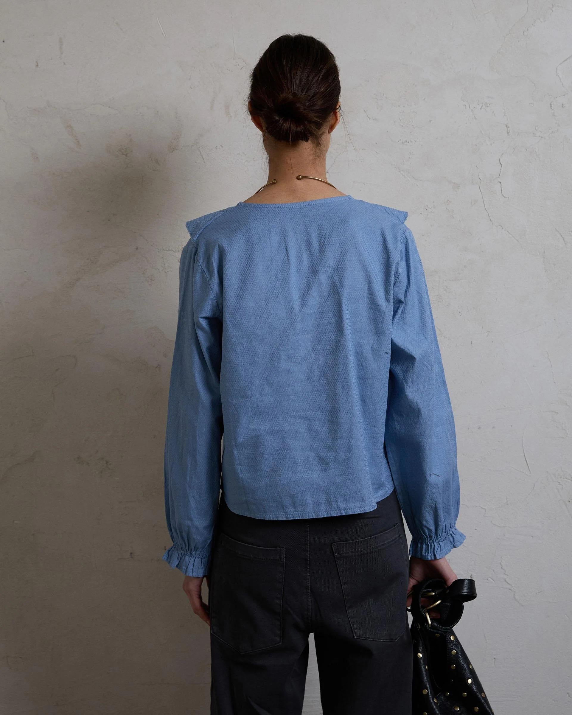 Blusa Cuello V Volantes Azul