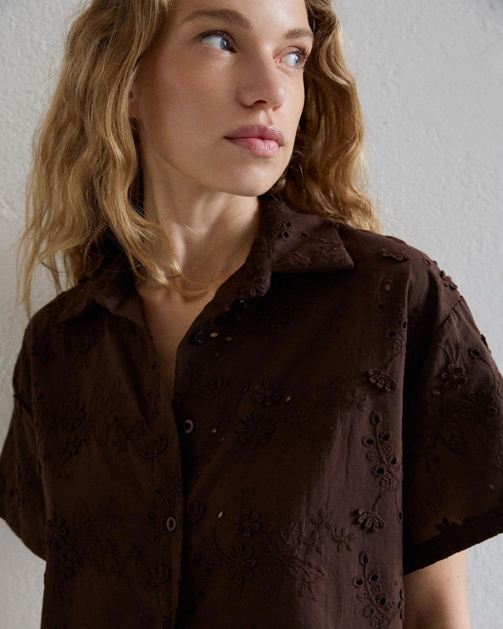 Camisa Manga Corta Troquelados Marrón