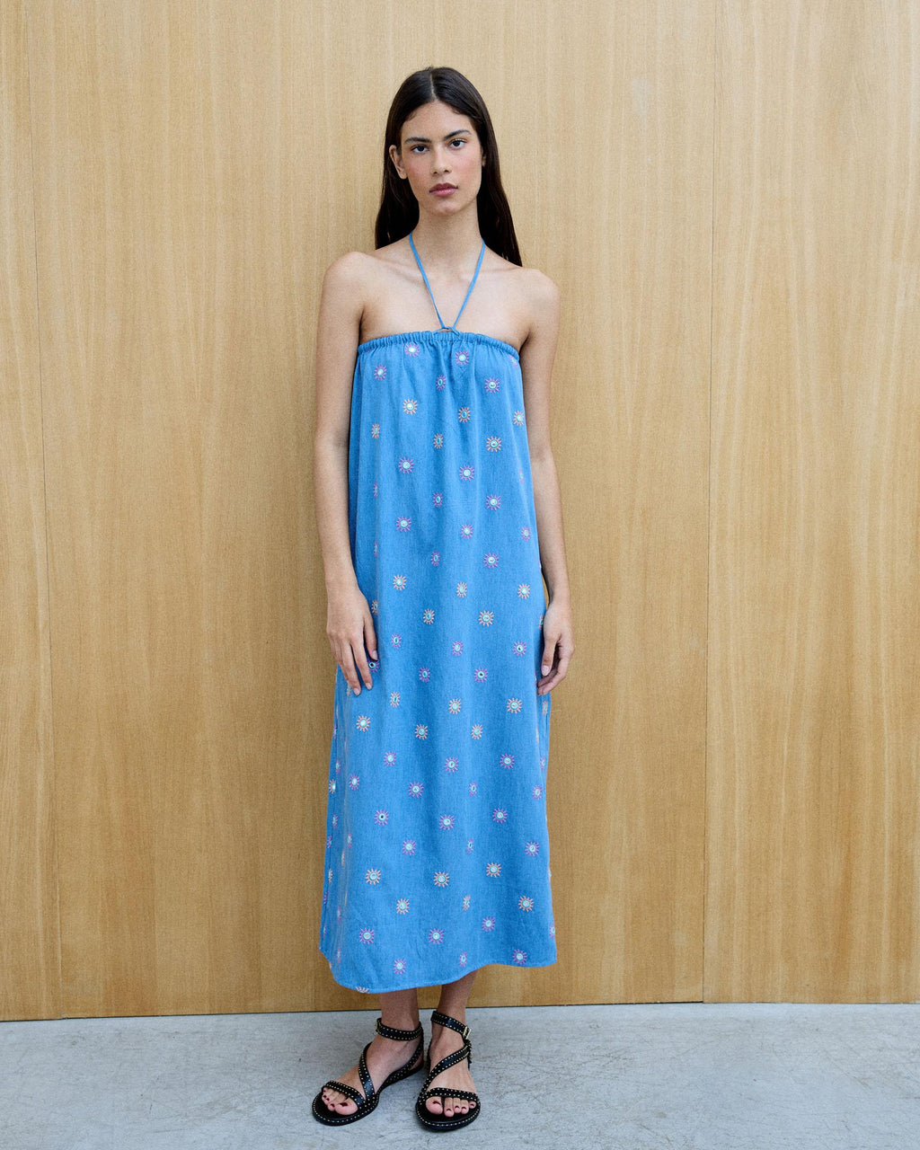 Vestido Bordados Soles Espejos Azul Jeans