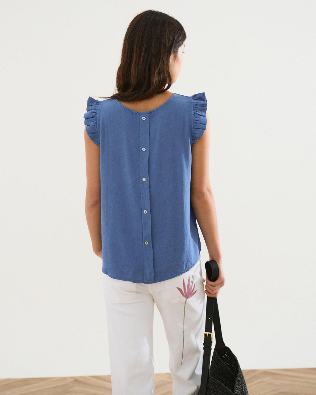 Top Botones Espalda Con Lino Azul