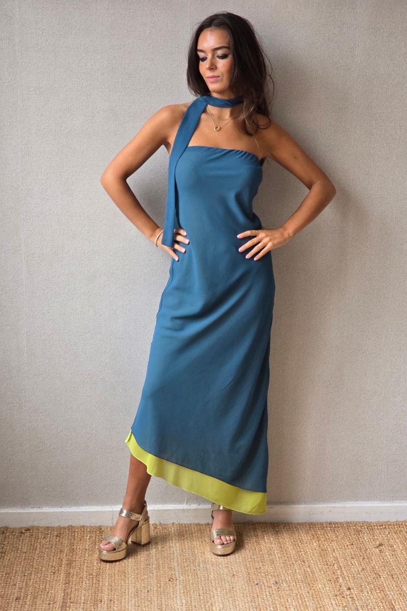 Vestido reversible azul índigo/lima