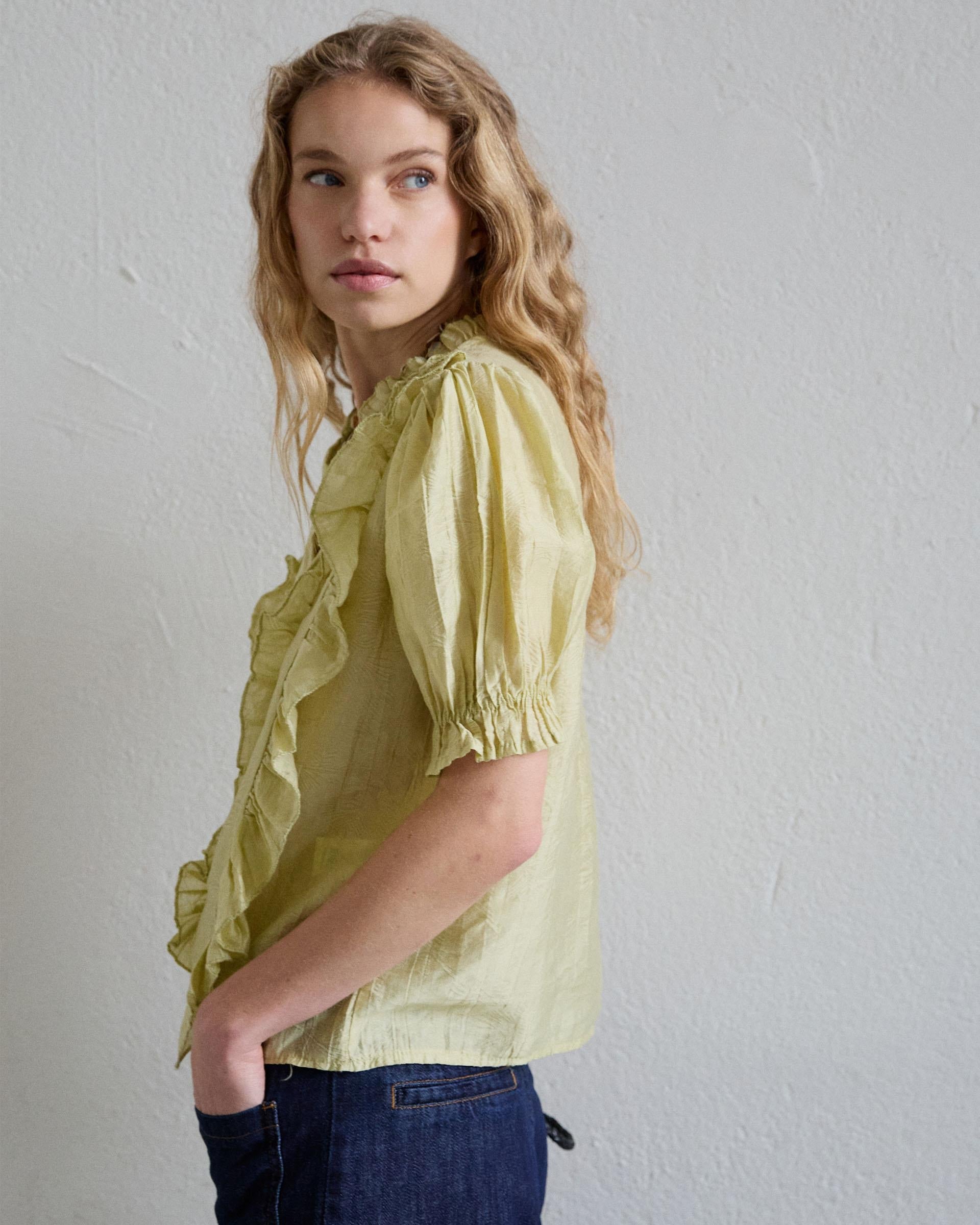 Blusa Manga Corta Volantes Escote V Verde