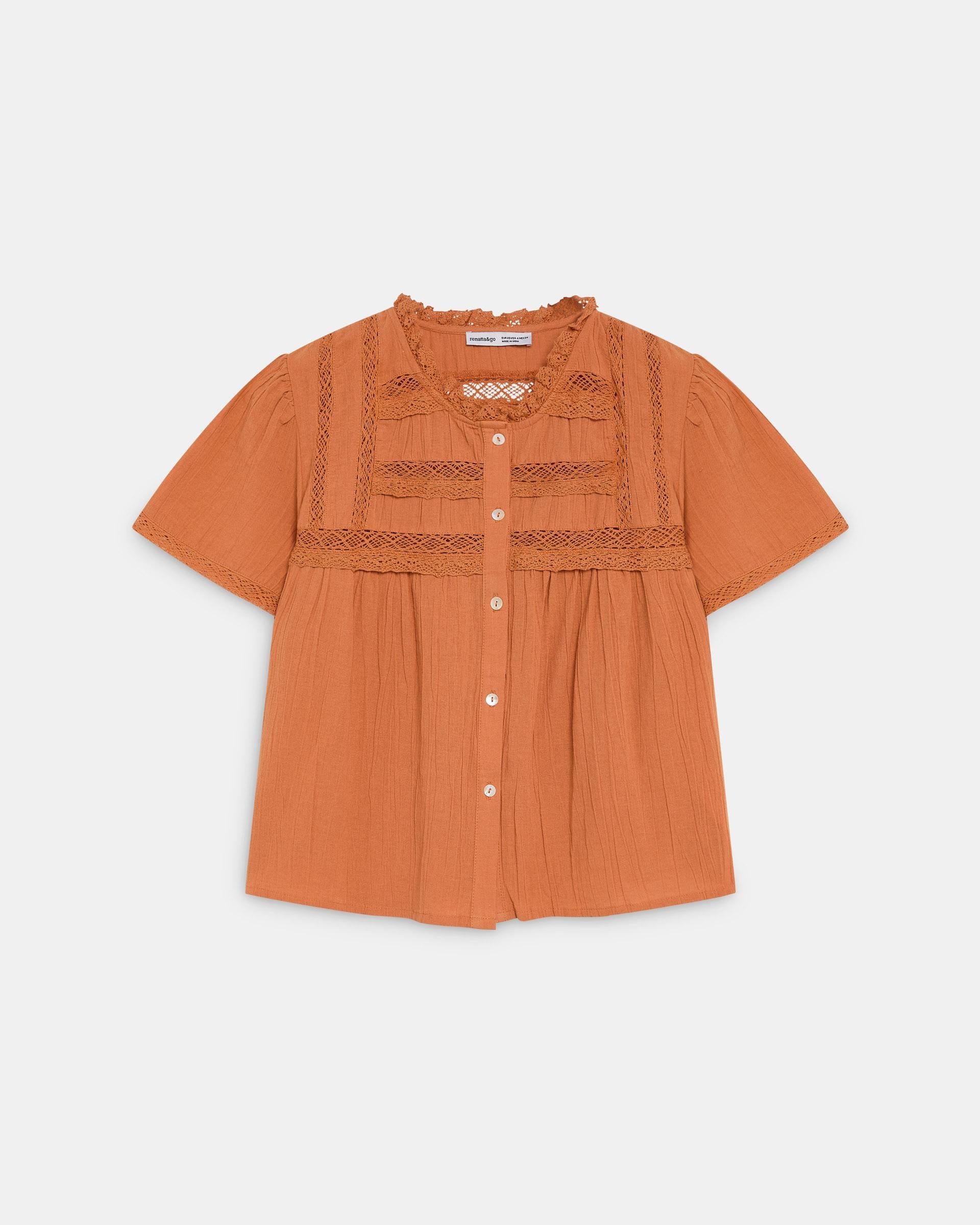 Blusa Puntillas Delanteras Botones Naranja