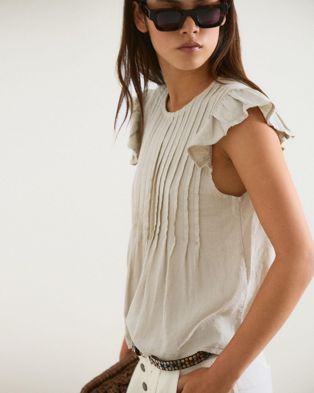 Blusa Jaretas Con Lino Beige
