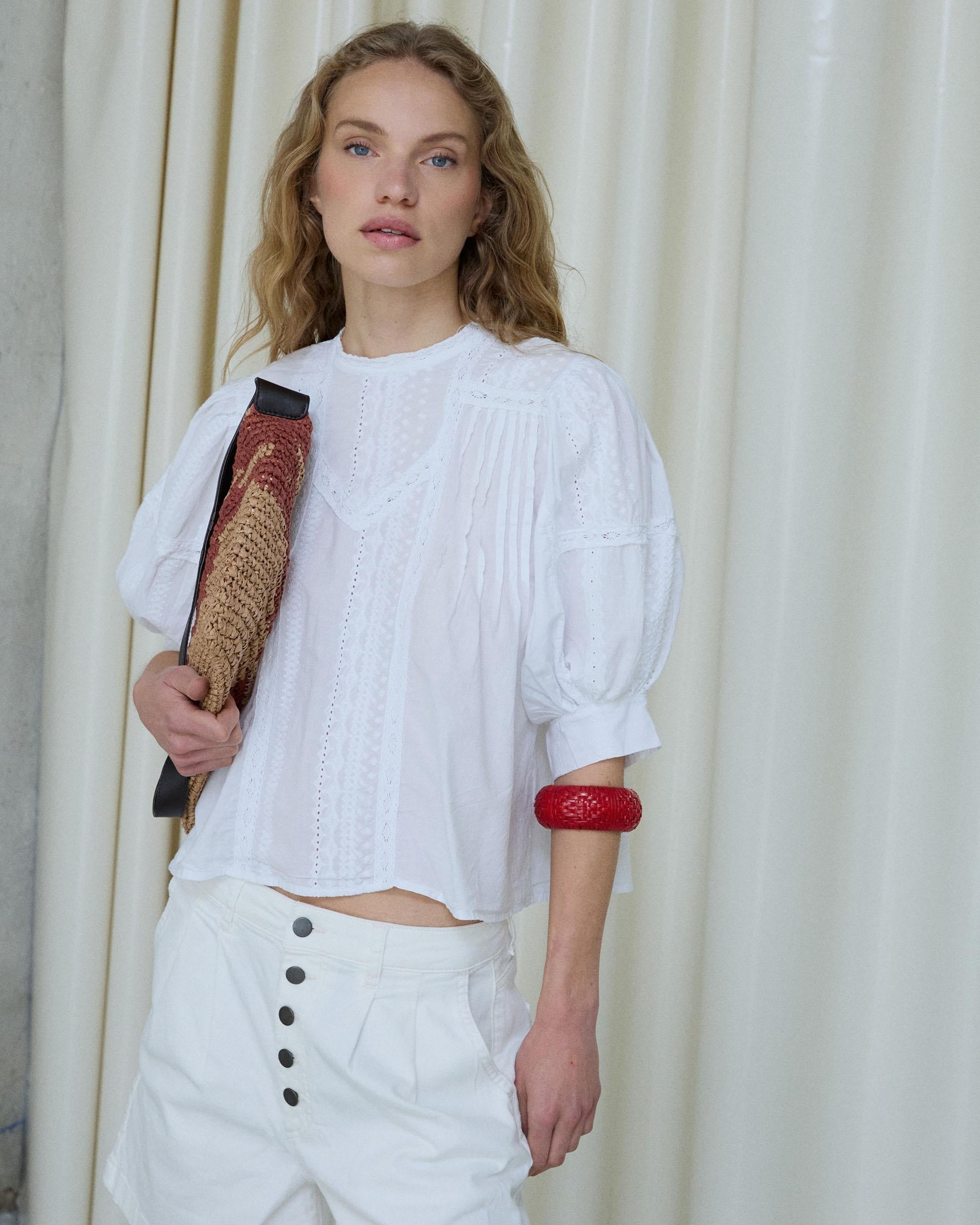 Blusa Manga Francesa Puntillas Jaretas Blanca