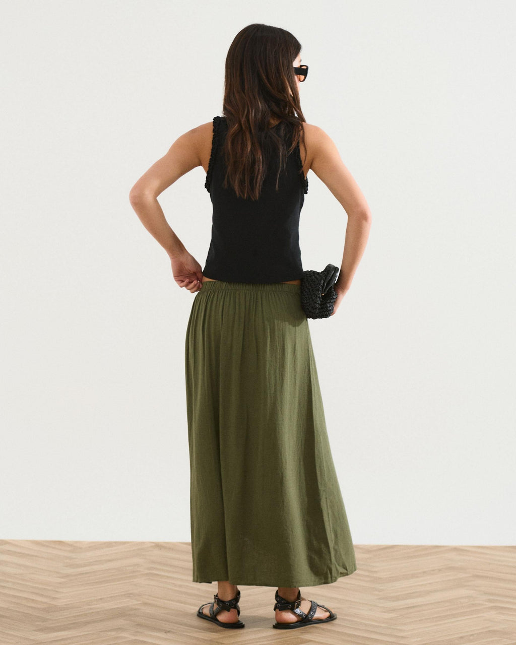 Falda Larga Volante Lateral Con Lino Verde Oscuro