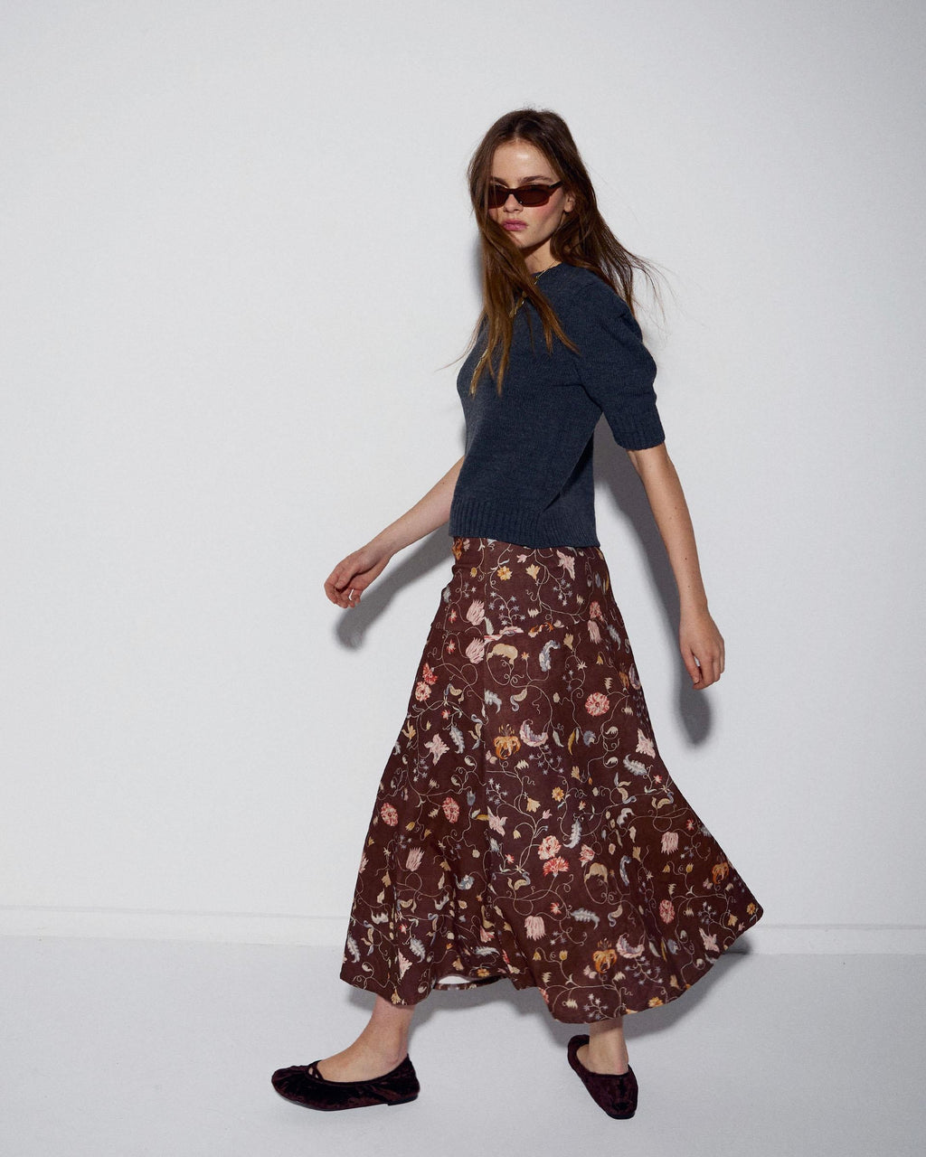 Falda Canesú Estampado Floral Marrón