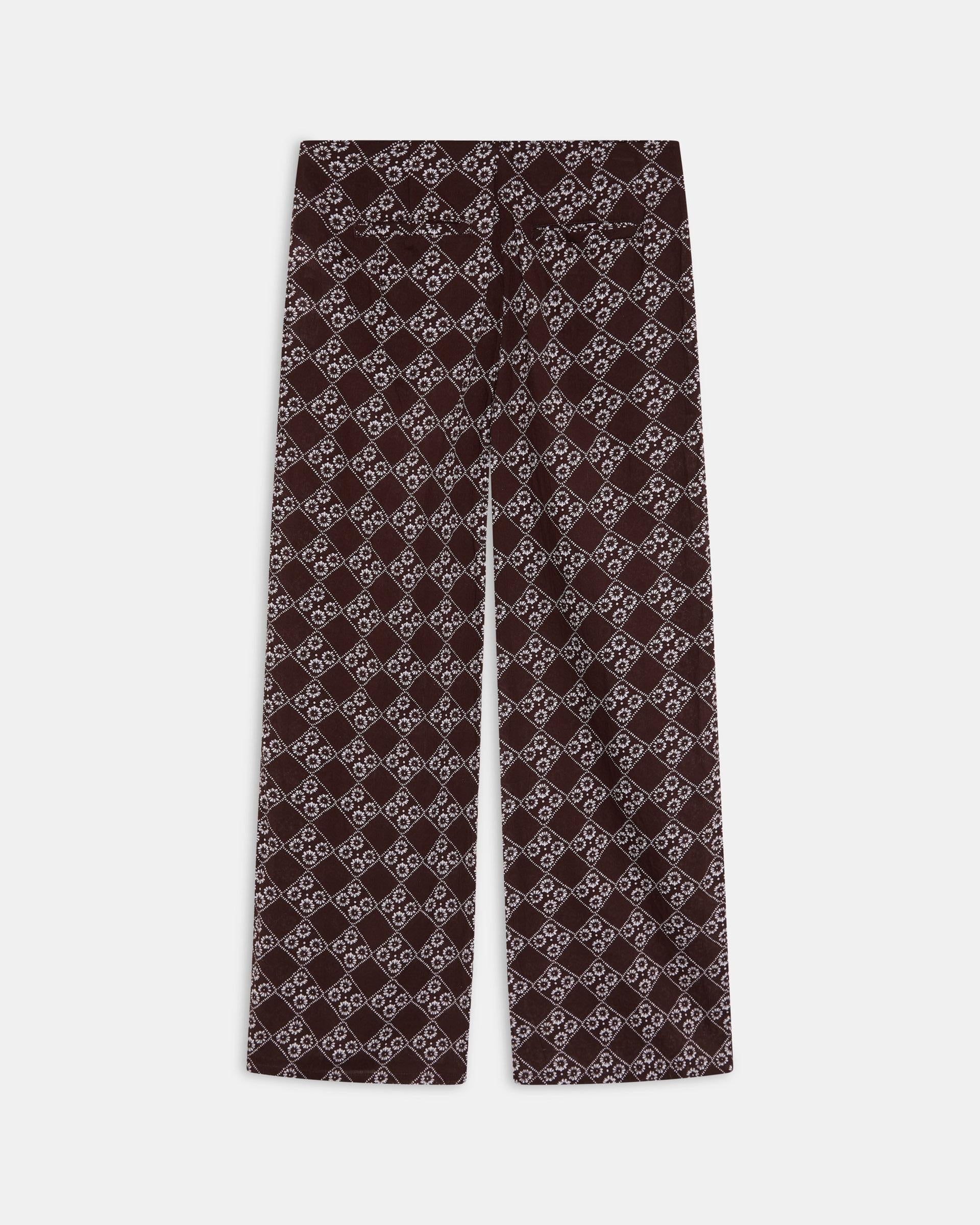 Pantalón Fluido Triple Botón Estampado Floral Marrón