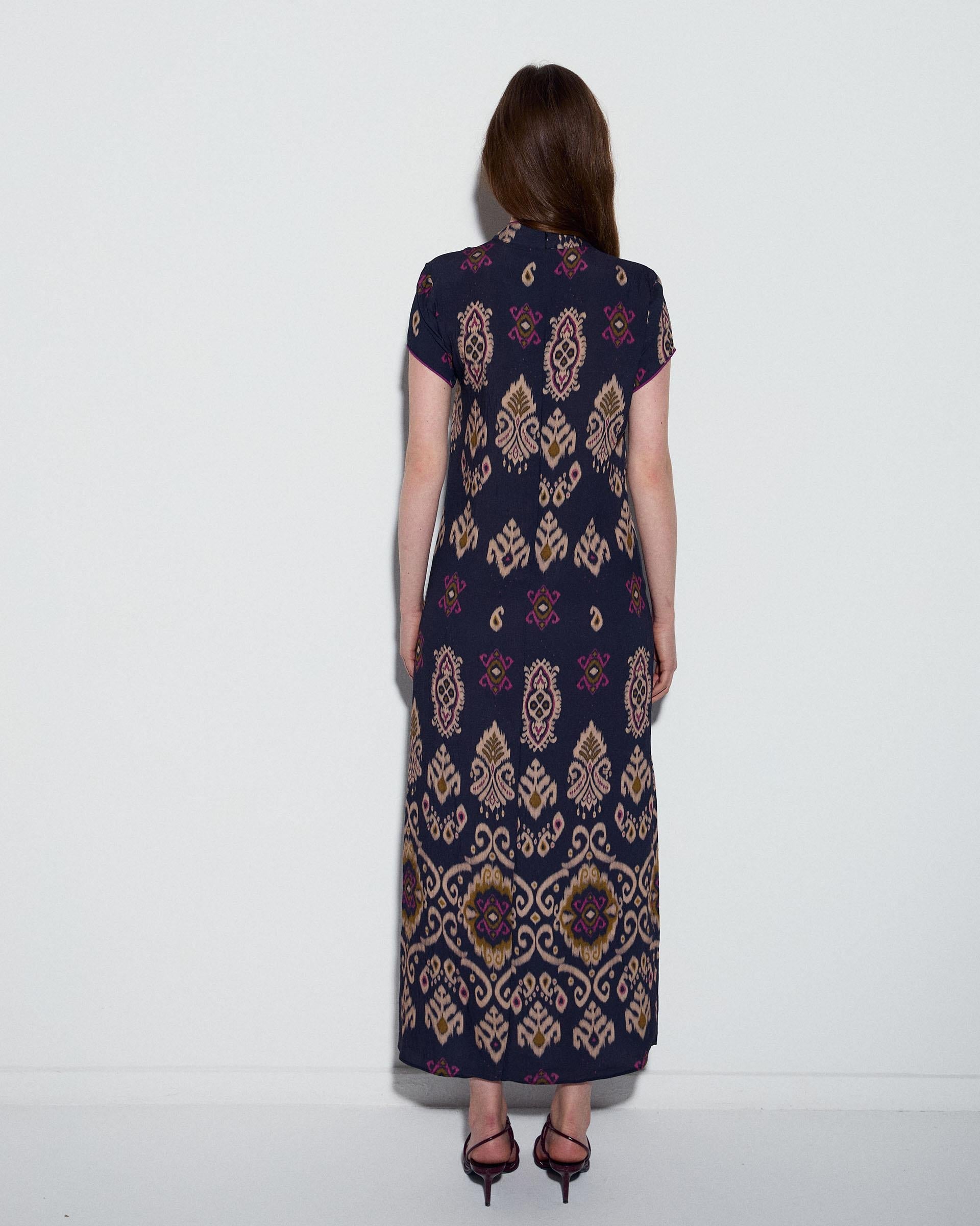 Vestido Lazadas Estampado Étnico Azul Oscuro