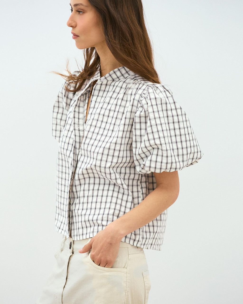 Blusa Manga Abullonada Cuadros Blanca