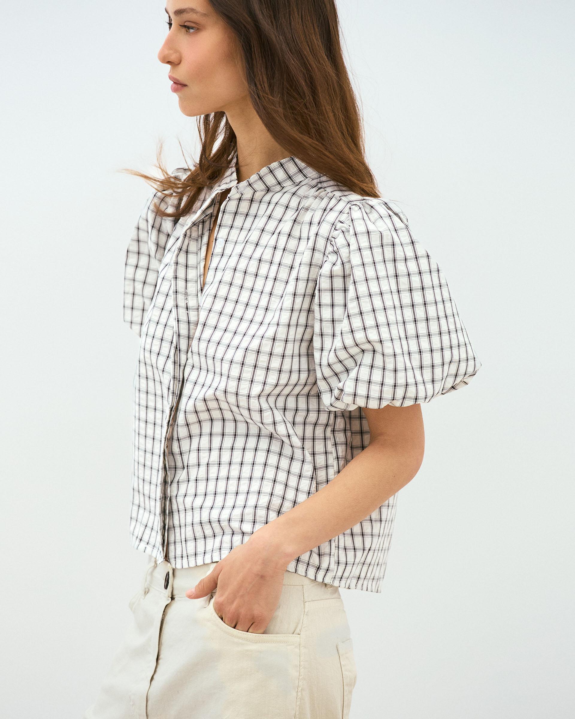 Blusa Manga Abullonada Cuadros Blanca