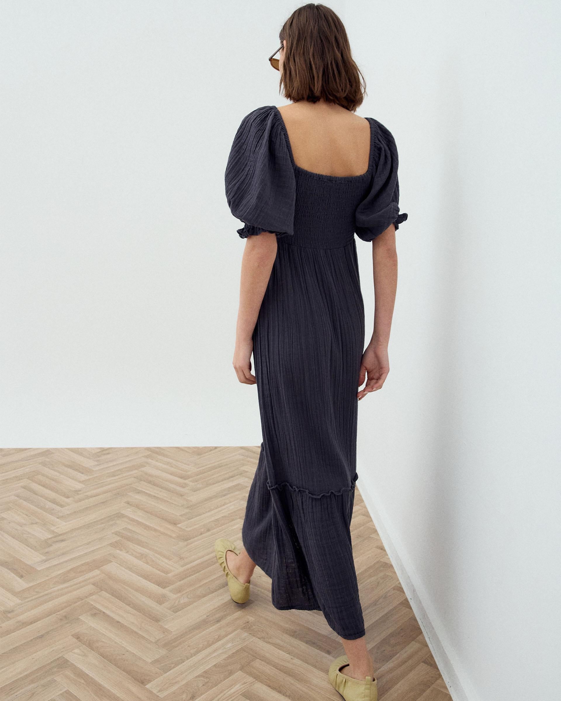 Vestido Nido De Abeja Manga Abullonada Antracita