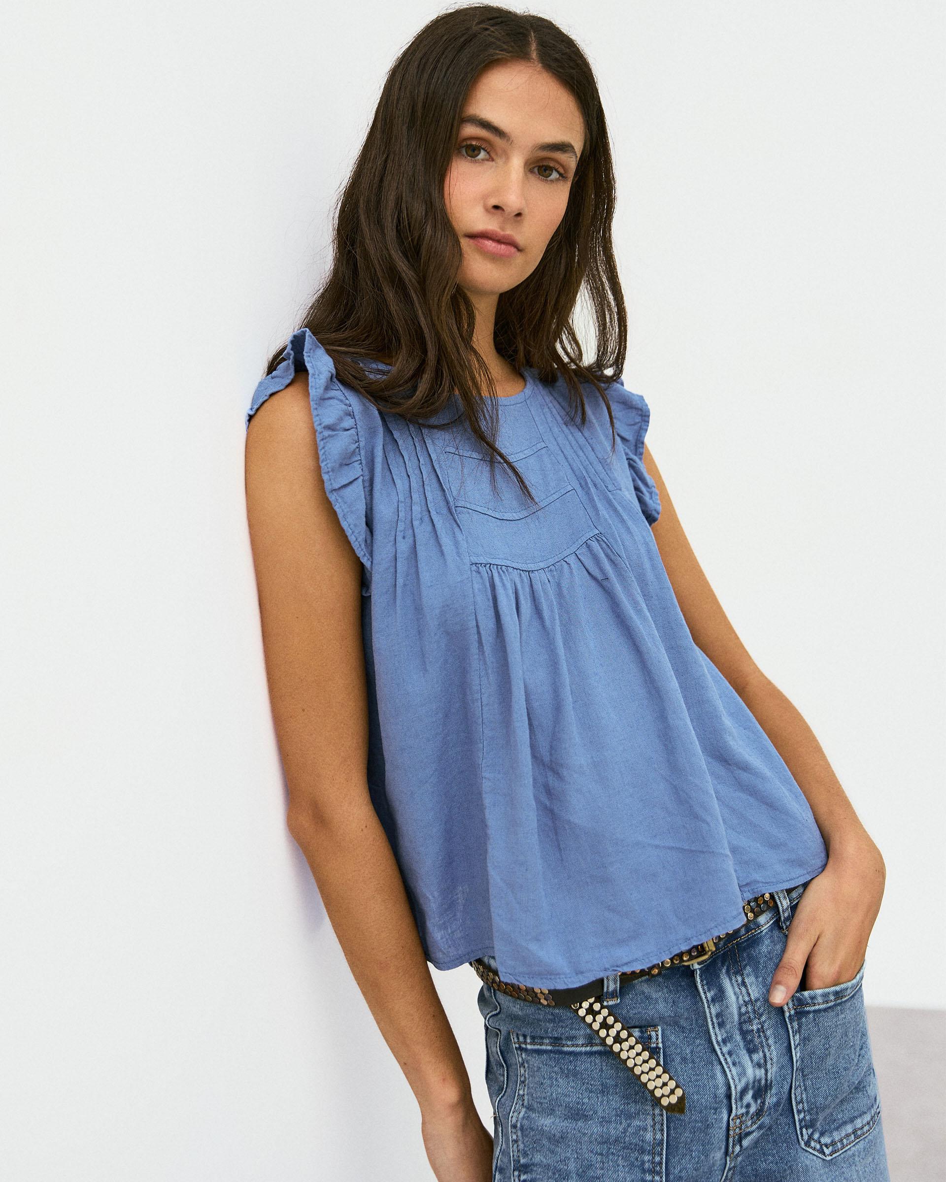 Blusa Volantes Mangas Azul Oscuro