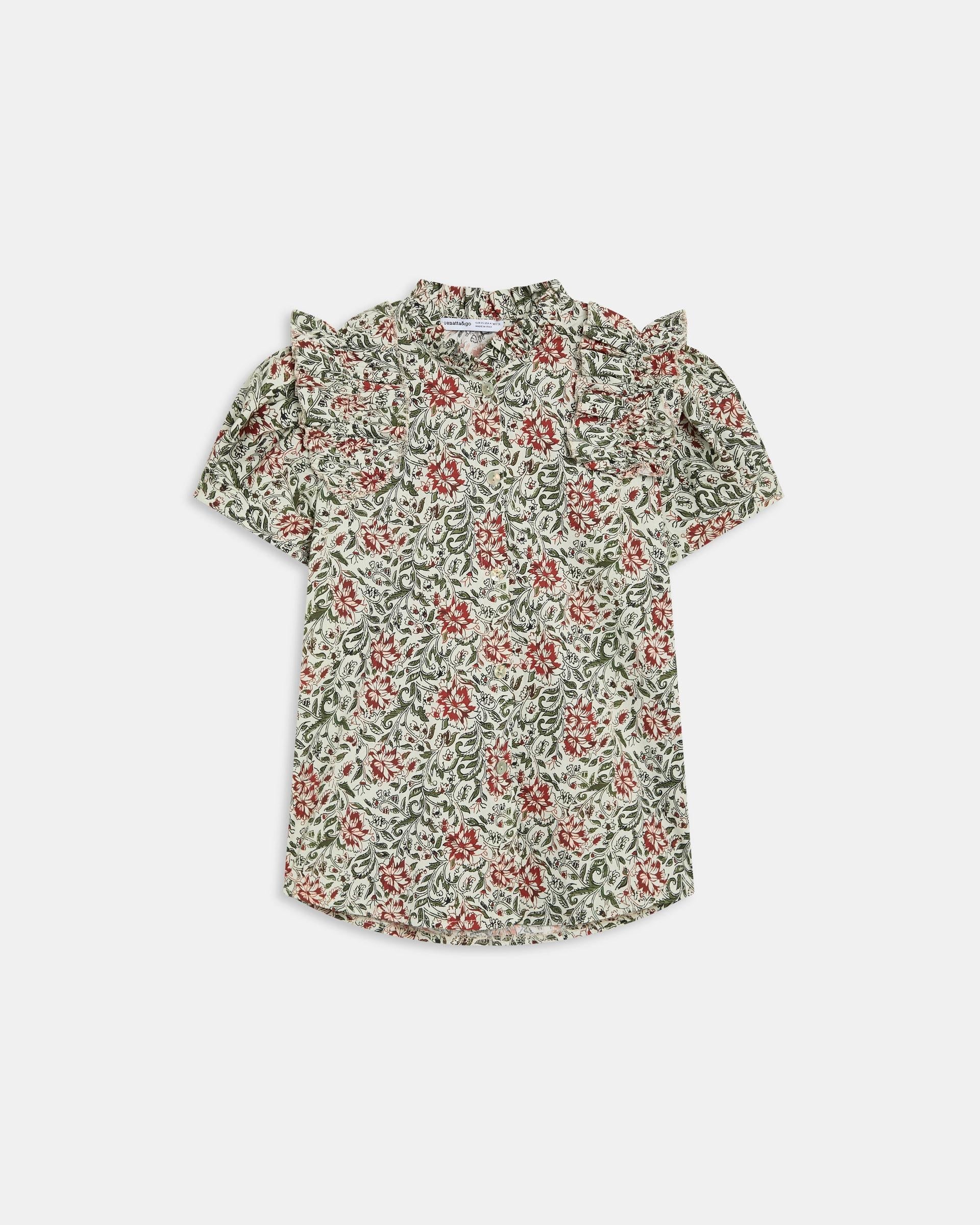 Blusa Manga Abullonada Volante Estampada Multicolor
