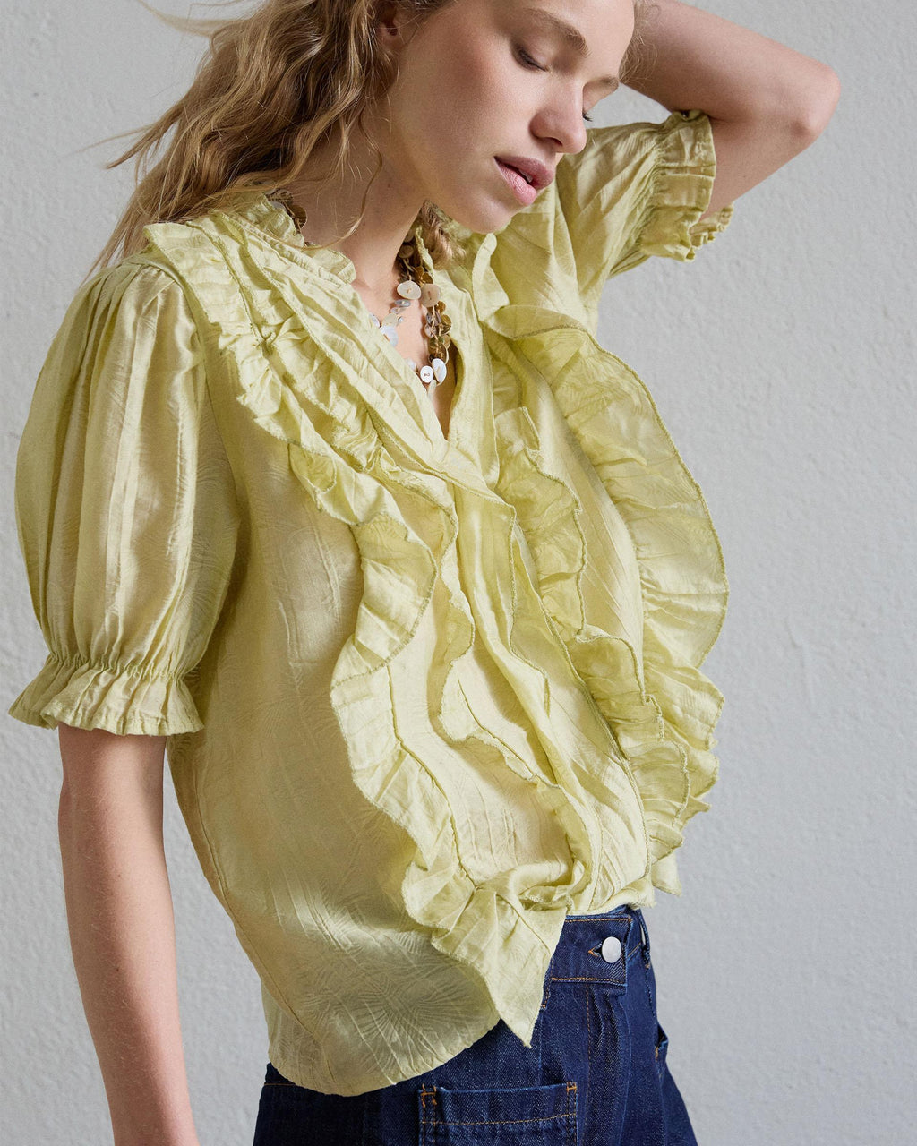 Blusa Manga Corta Volantes Escote V Verde