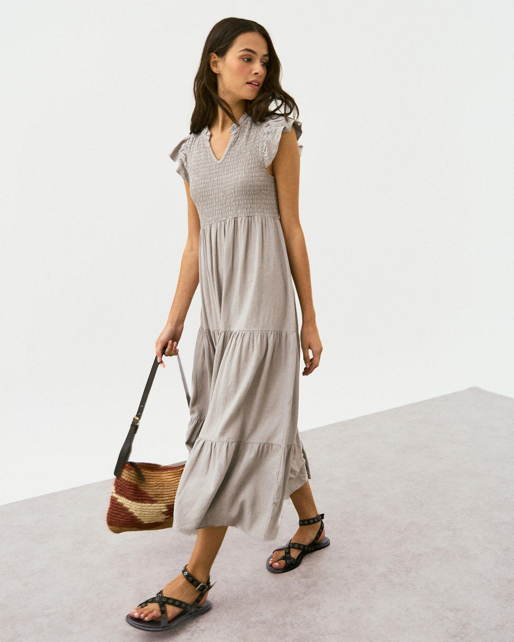 Vestido Largo Lino Nido De Abeja Taupe