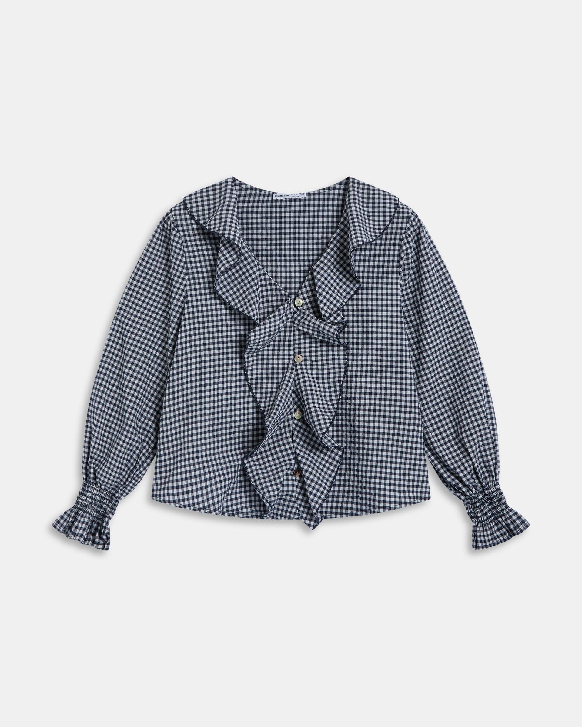 Blusa Volantes Delanteros Vichy Azul Oscuro