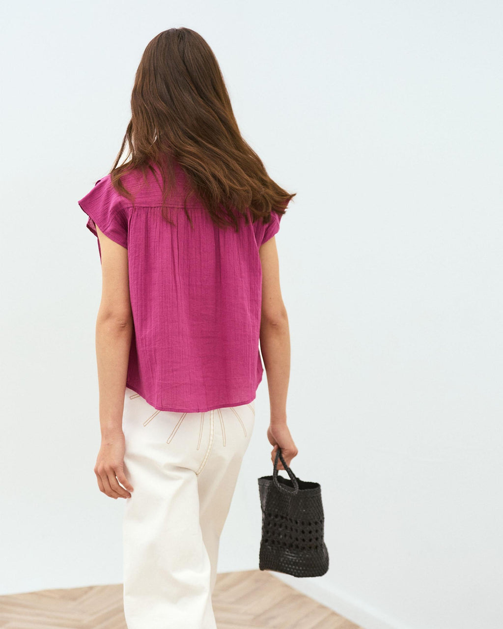Camisa Sin Mangas Pliegues Fucsia