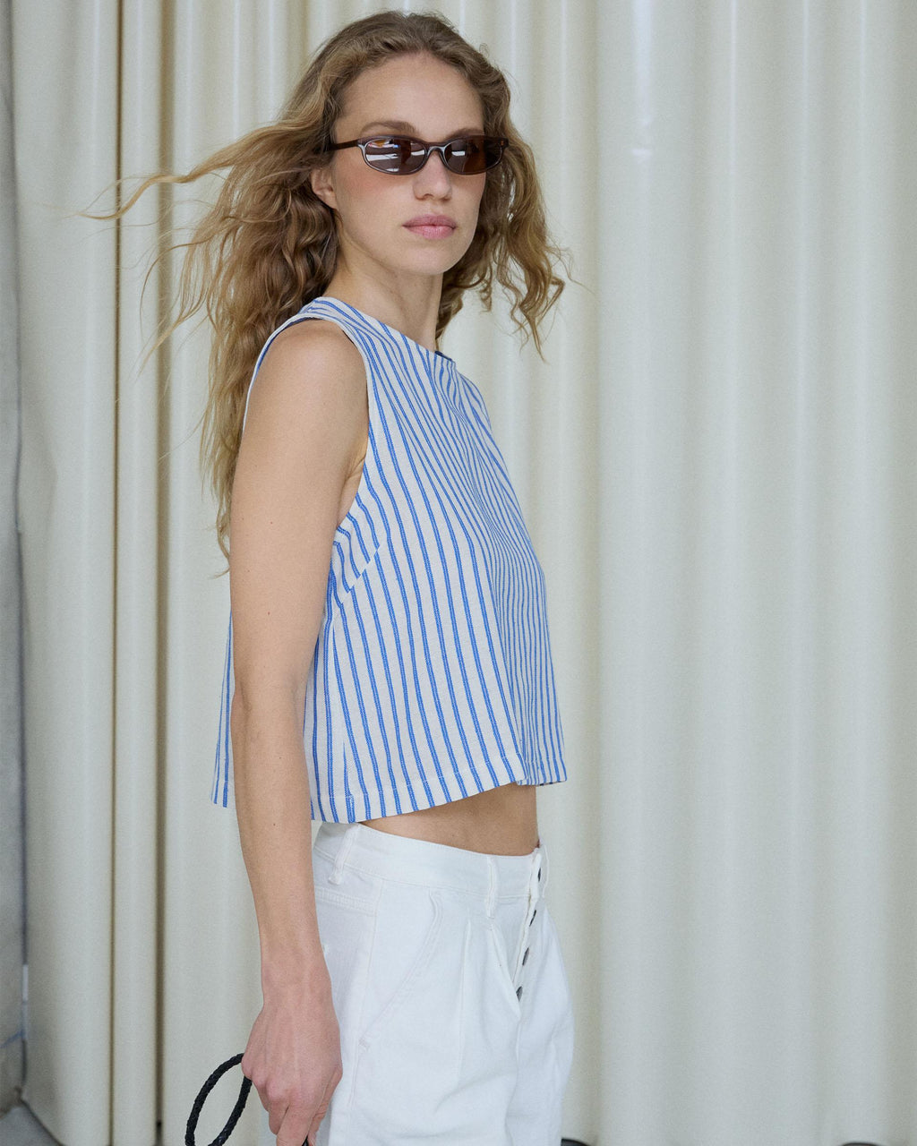 Top Sin Mangas Cuello Redondo Rayas Azul