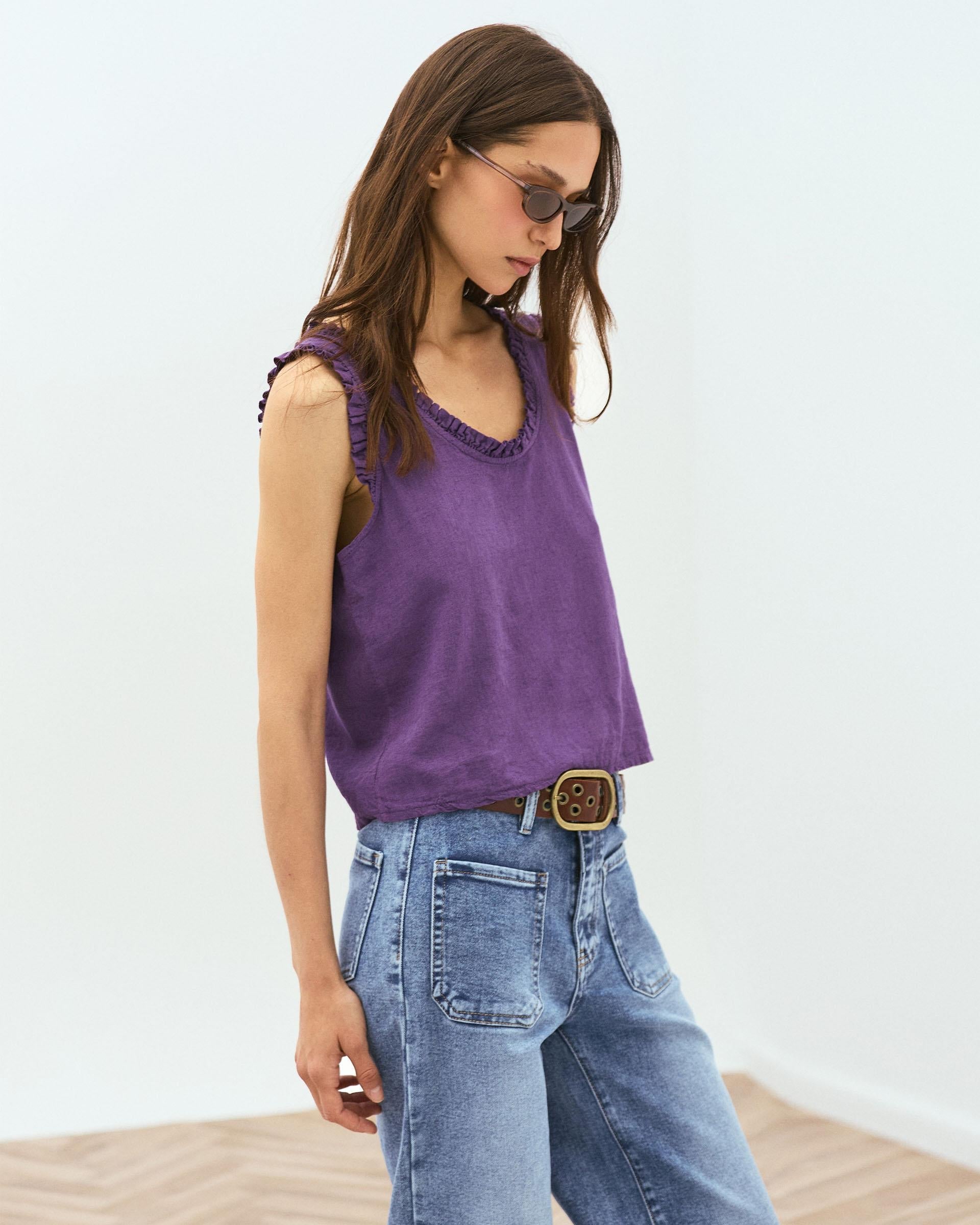 Top Tirante Ancho Volantes Con Lino Morado