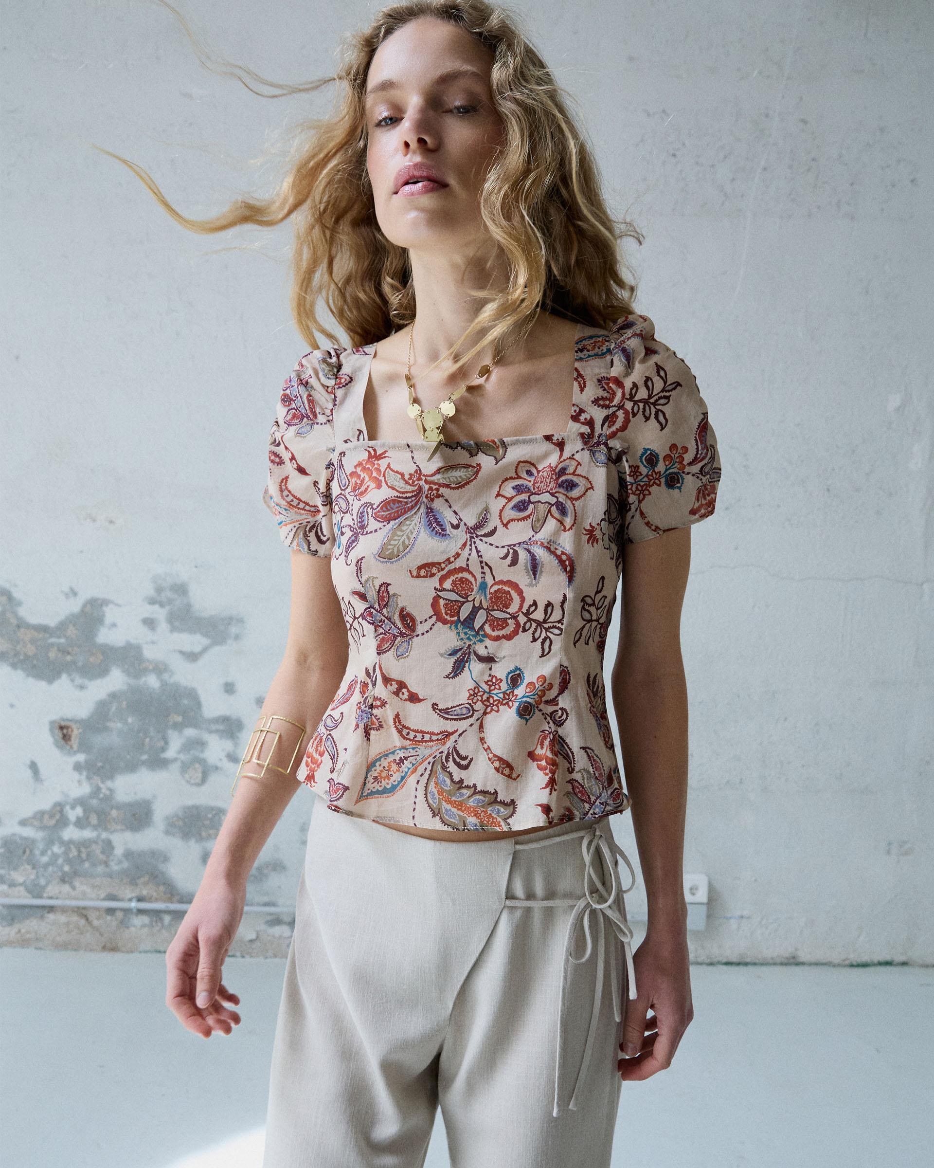 Top Corsetero Manga Corta Estampado Beige