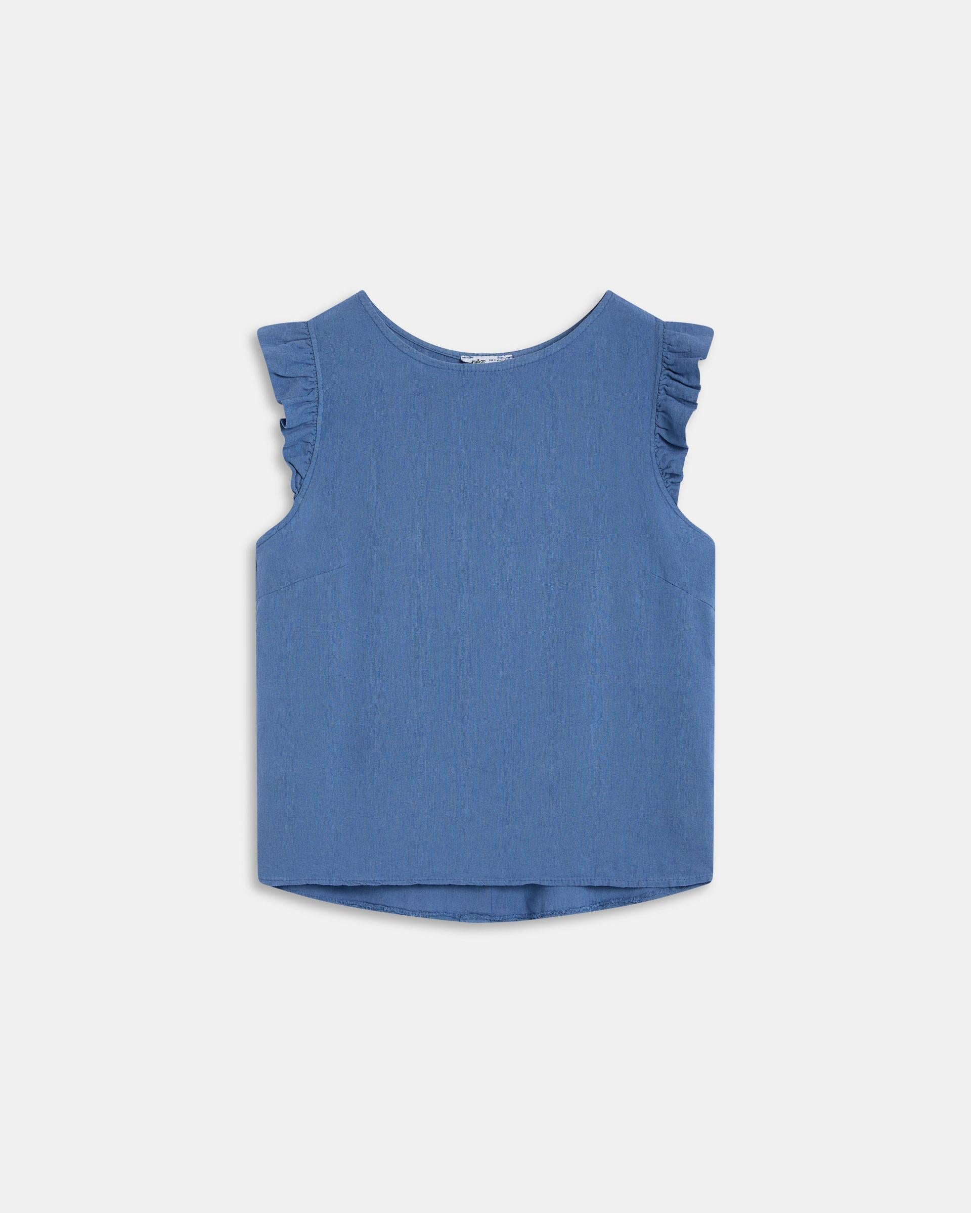 Top Botones Espalda Con Lino Azul