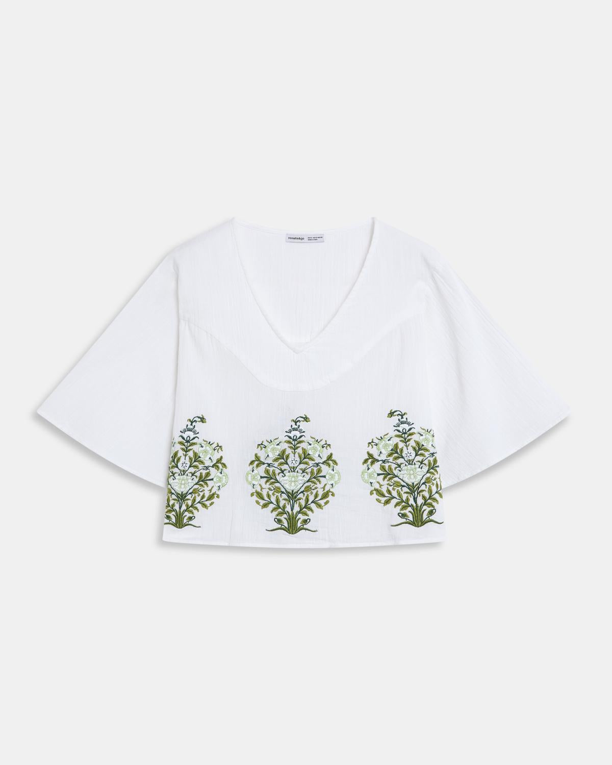 Blusa Canesú Pico Bordados Florales Blanca