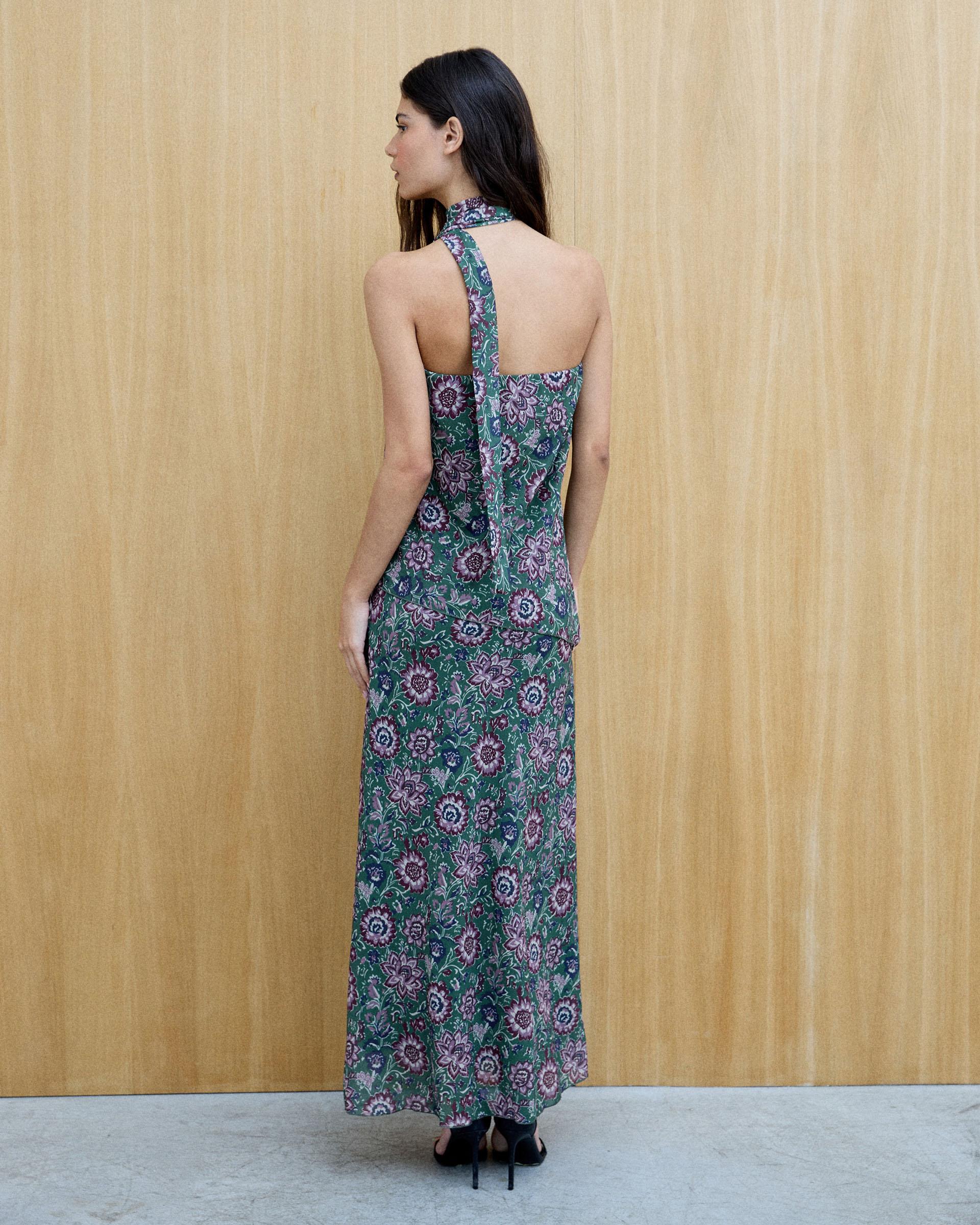 Vestido Corte Diagonal Estampado Verde