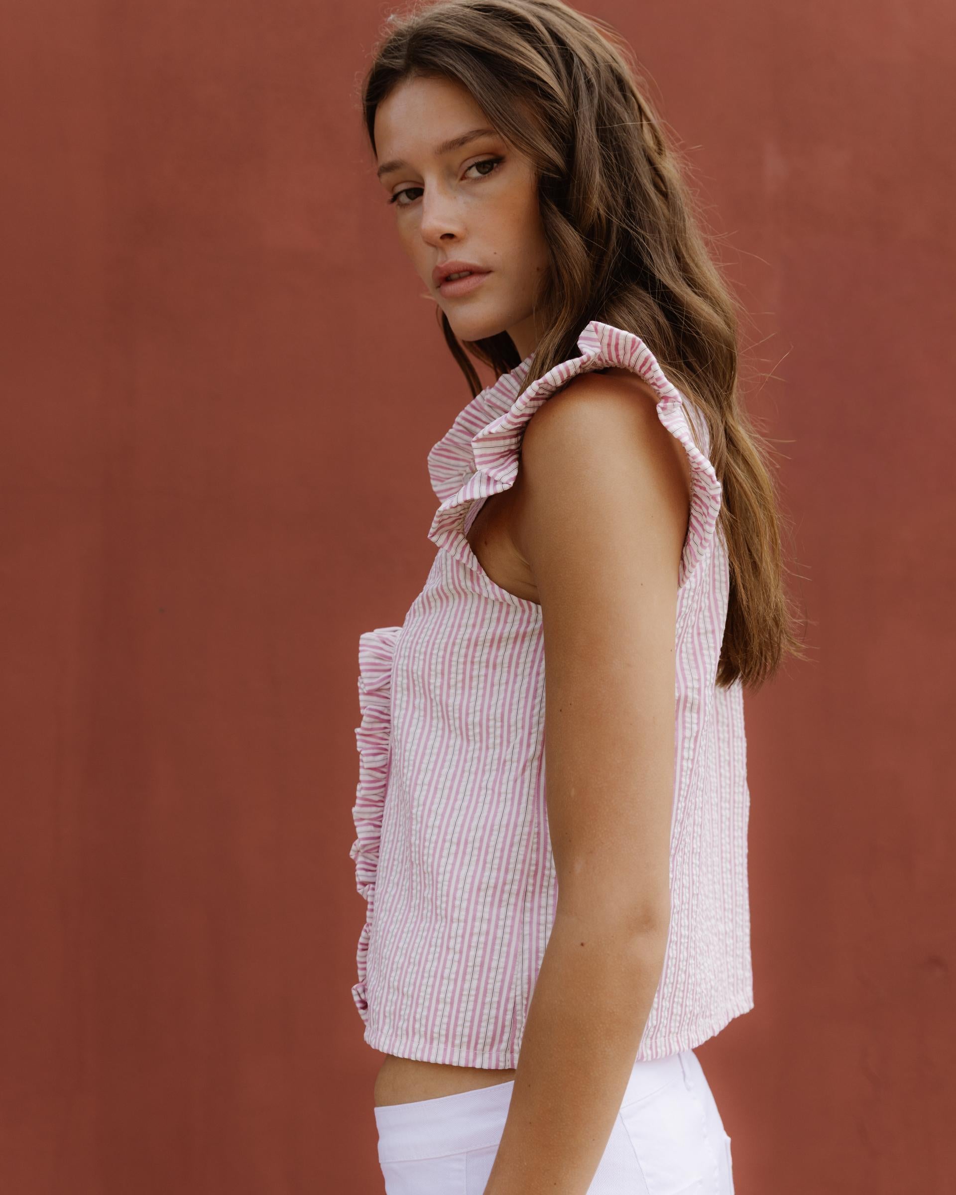 Blusa Sin Mangas Volantes Rayas Rosa
