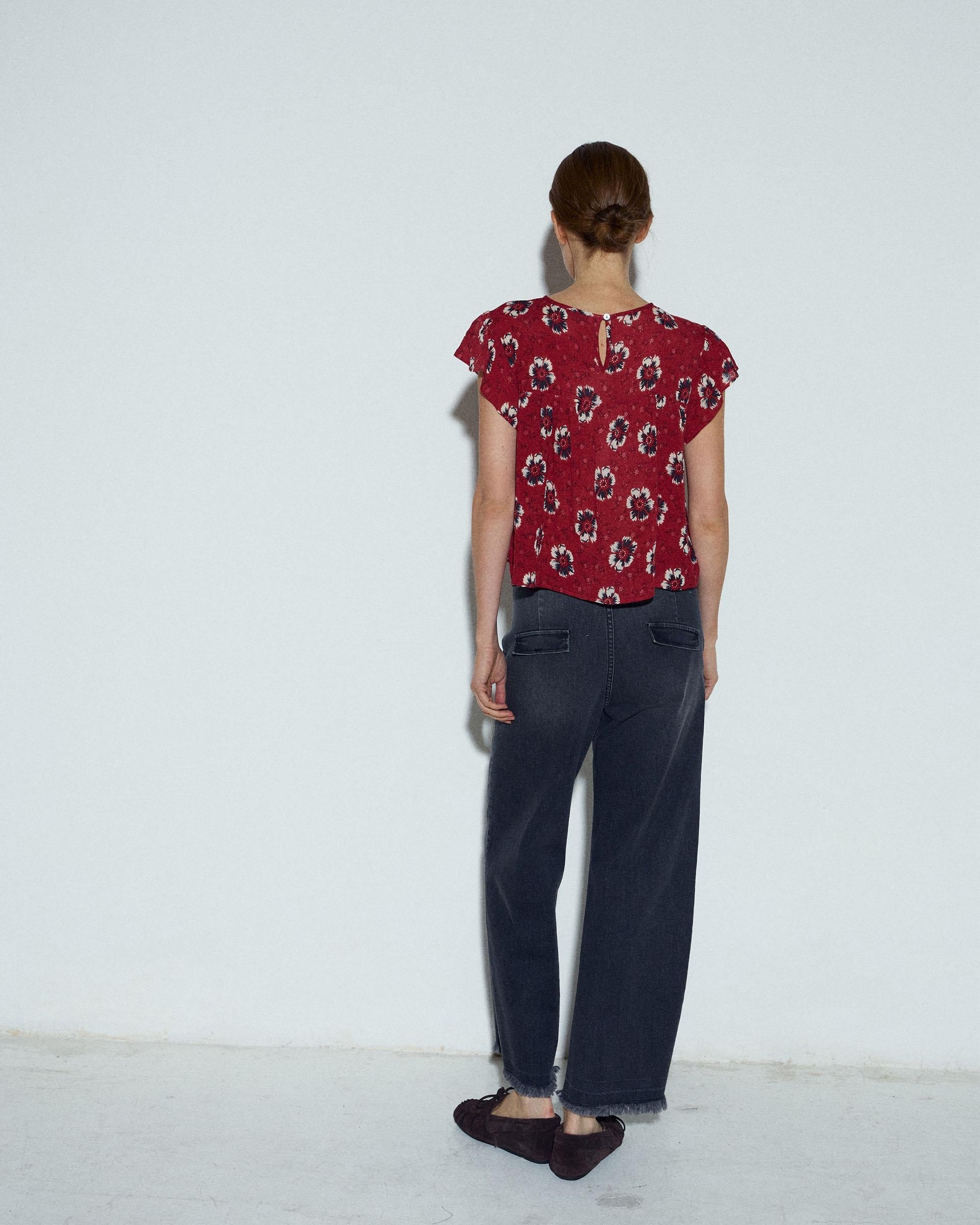 Blusa Manga Corta Pliegues Estampado Floral Coral
