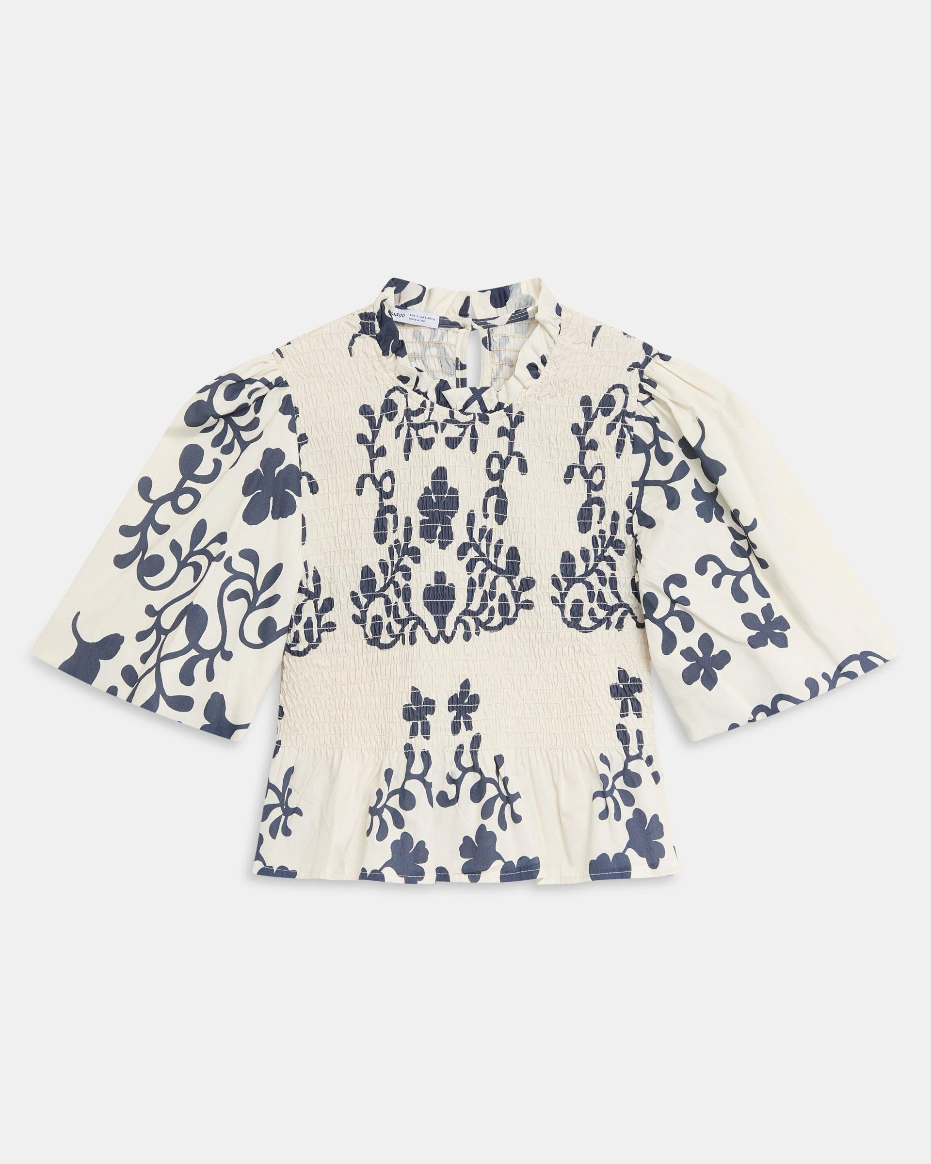 Top Nido De Abeja Manga Abullonada Estampado Blanco
