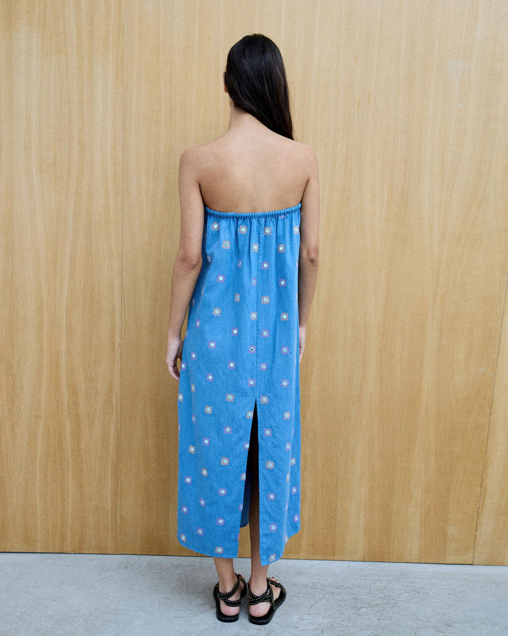 Vestido Bordados Soles Espejos Azul Jeans