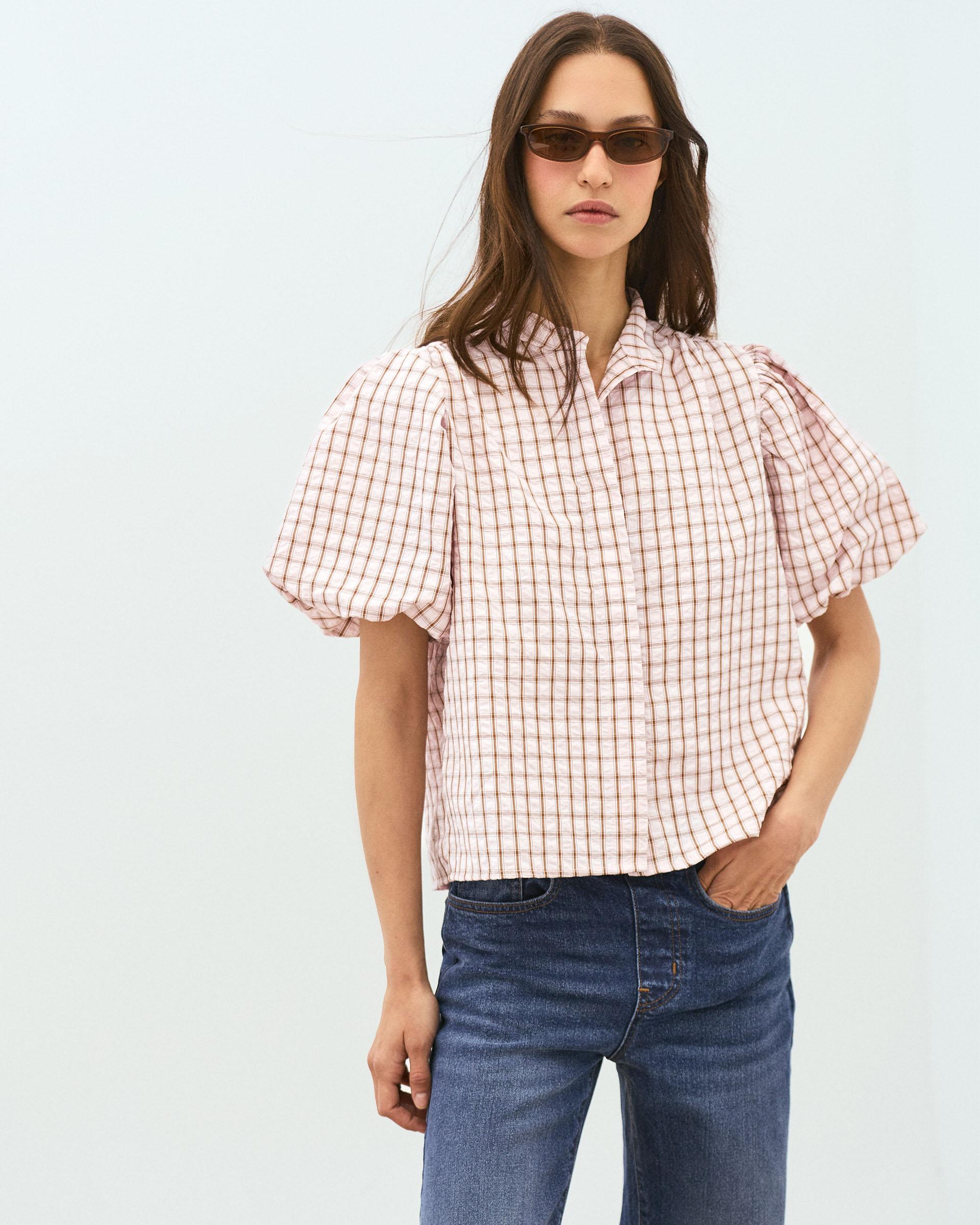 Blusa Manga Abullonada Cuadros Rosa