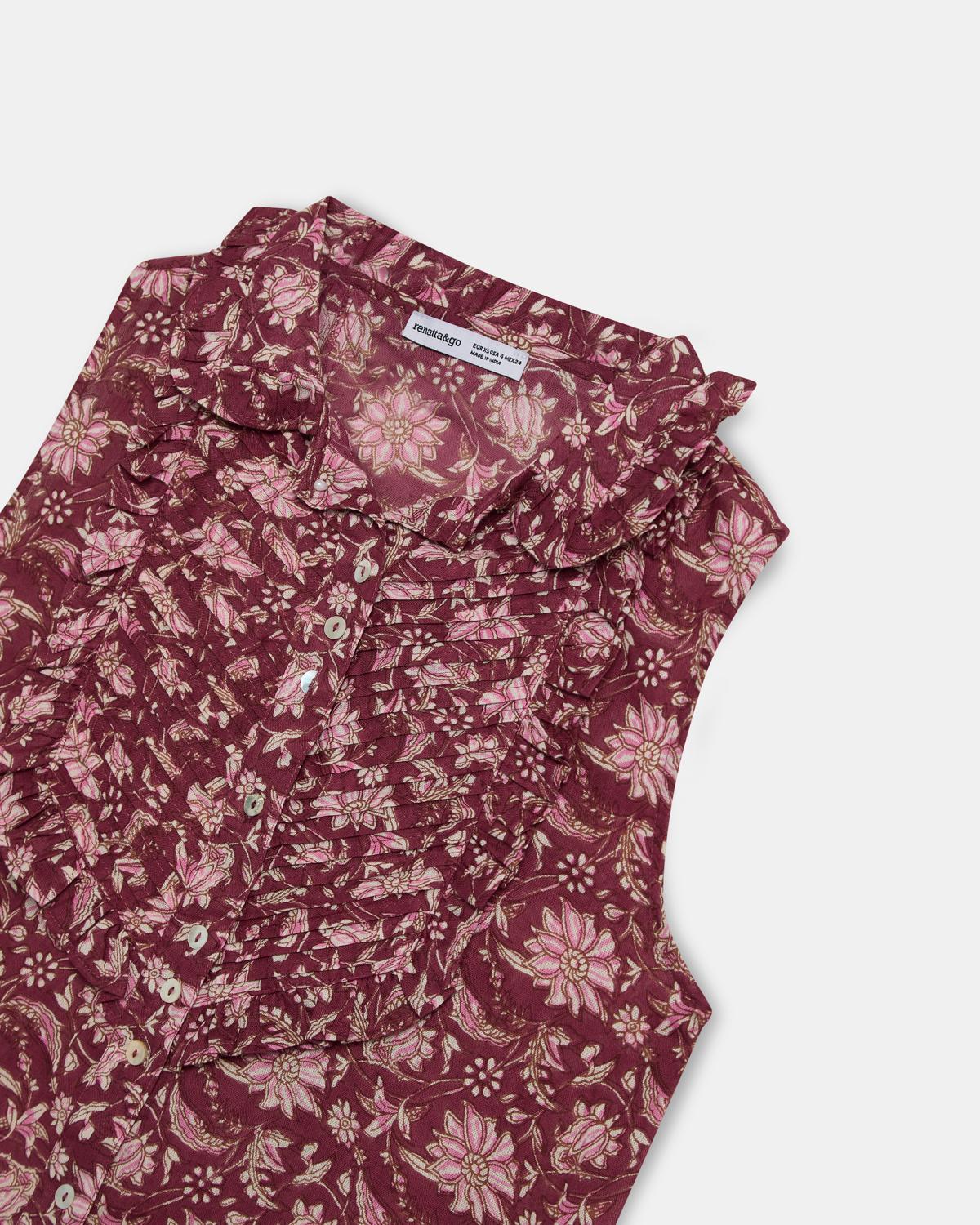 Blusa Sin Mangas Pechera Estampado Floral Granate