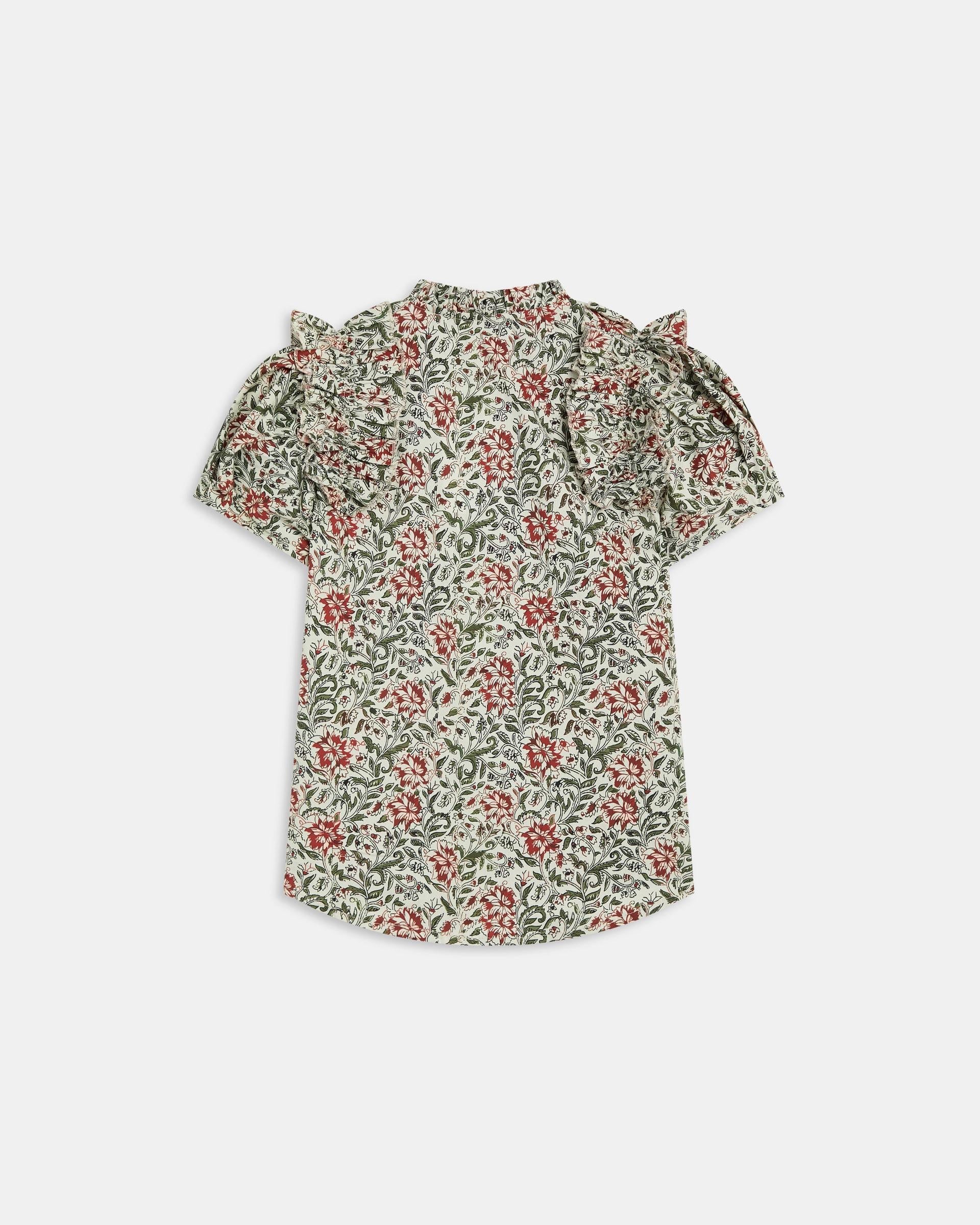 Blusa Manga Abullonada Volante Estampada Multicolor