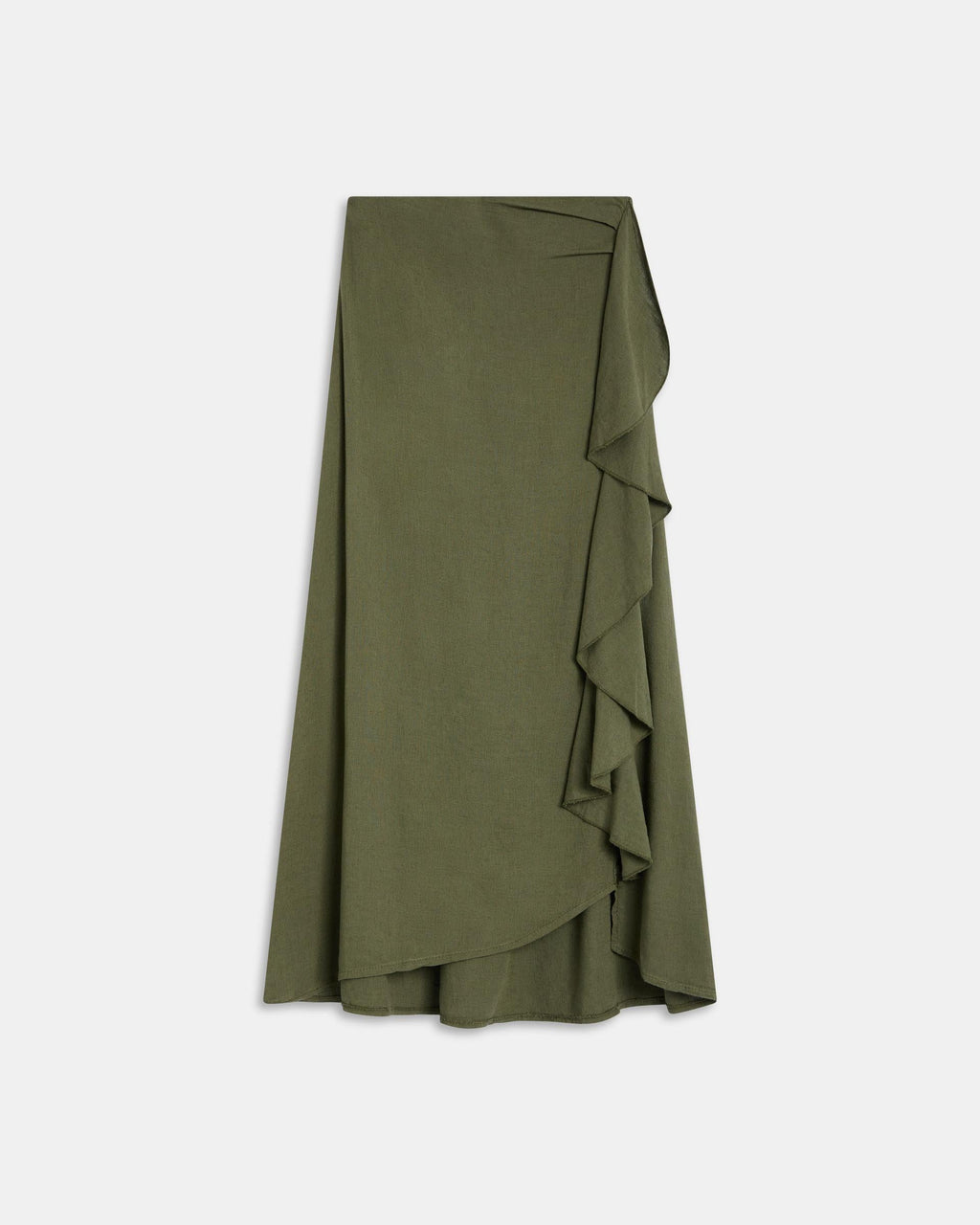 Falda Larga Volante Lateral Con Lino Verde Oscuro