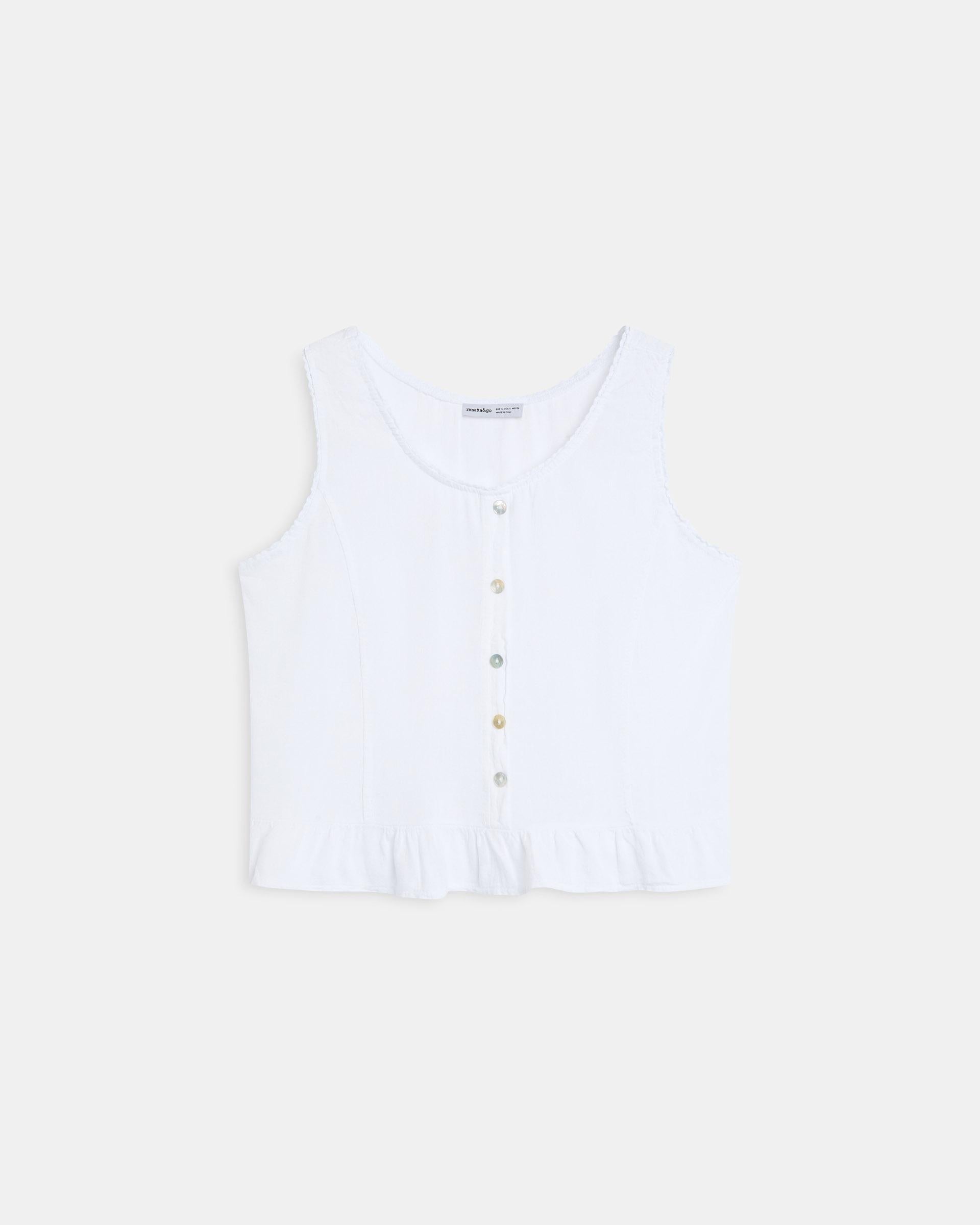 Top Botones Volante Bajo Con Lino Blanco