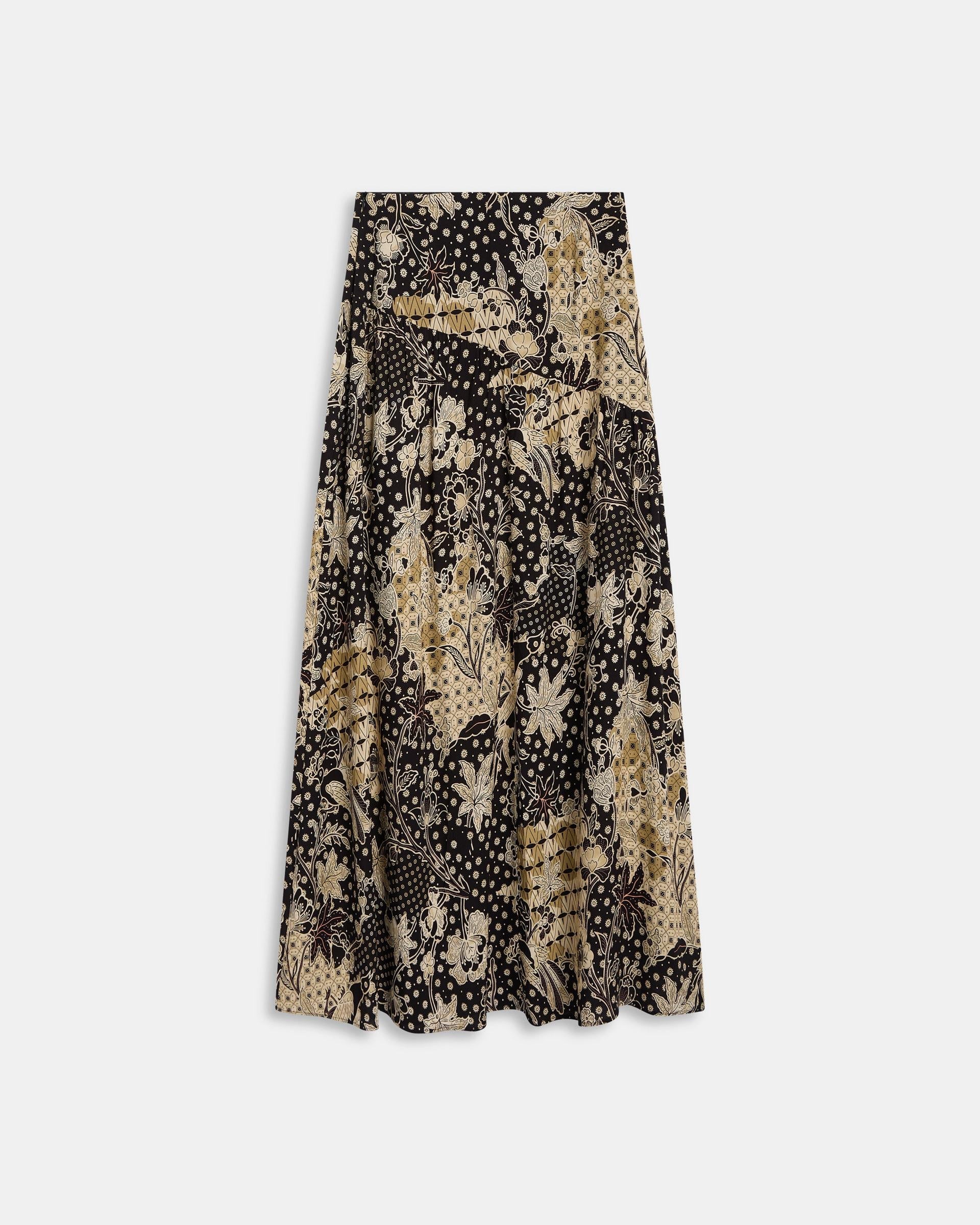 Falda Costura Diagonal Estampado Floral Negro