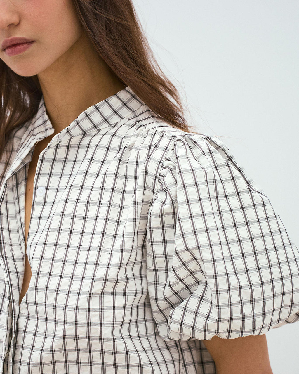 Blusa Manga Abullonada Cuadros Blanca