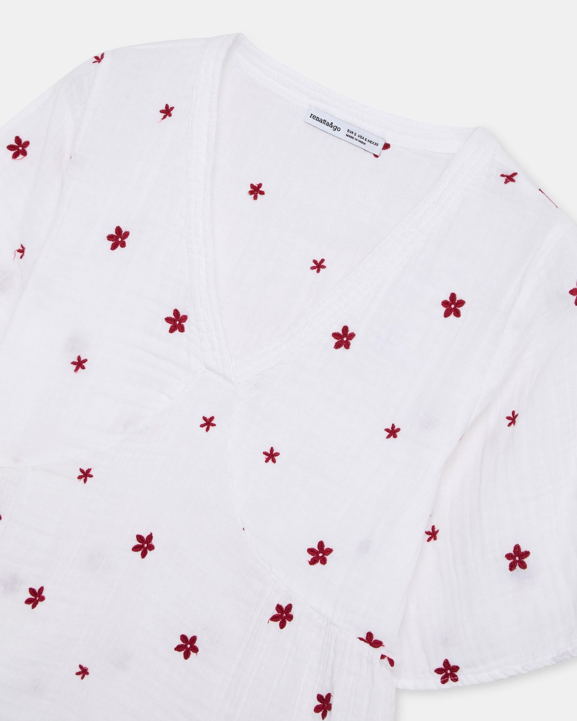 Blusa Escote Pico Bordados Florales Blanca