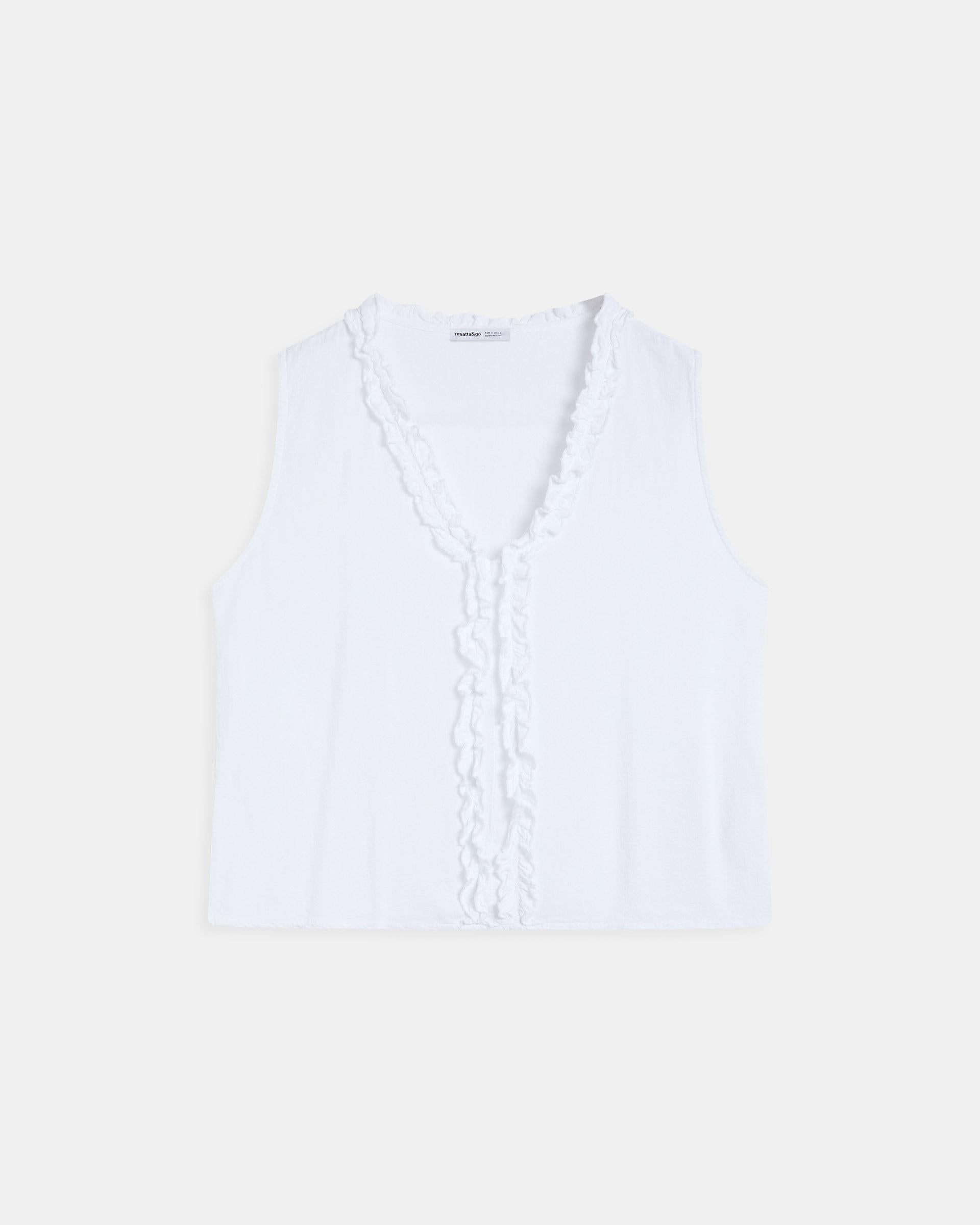 Top Escote Pico Volantes Con Lino Blanco