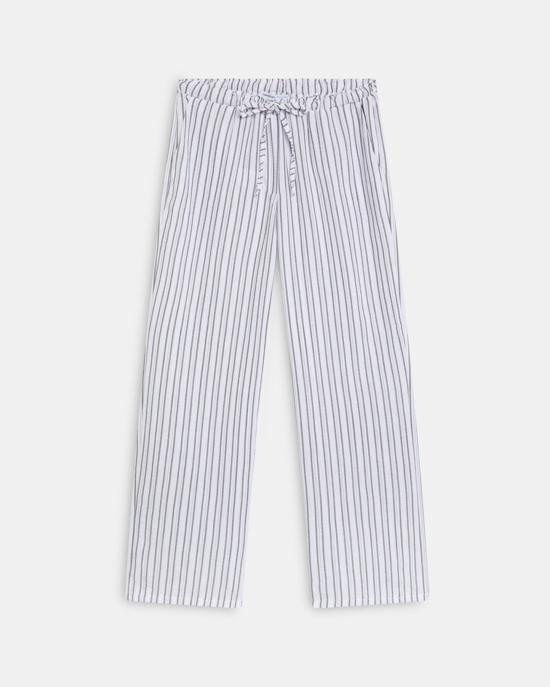 Pantalón Fluido Rayas Cinturilla Lazada Blanco
