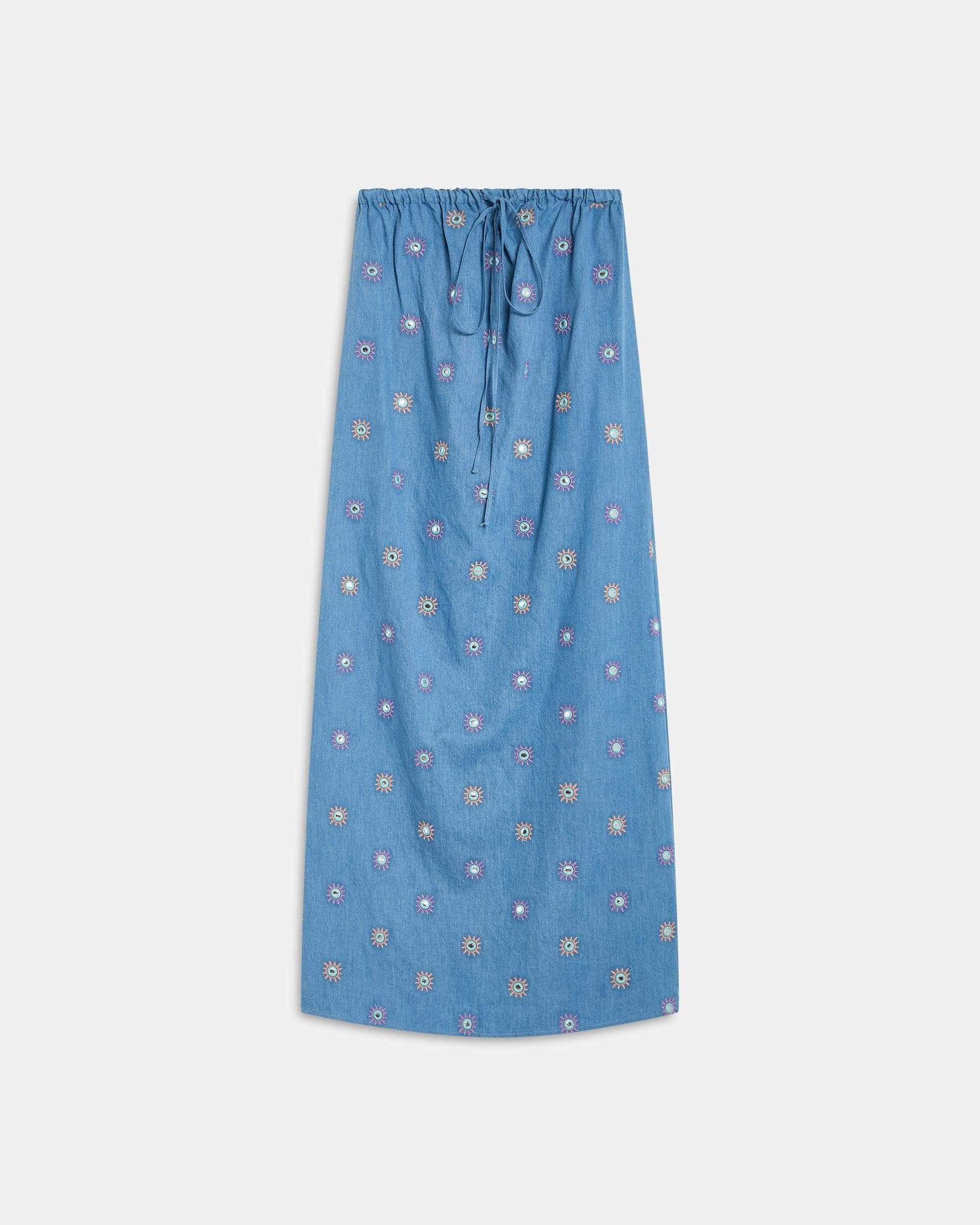 Vestido Bordados Soles Espejos Azul Jeans