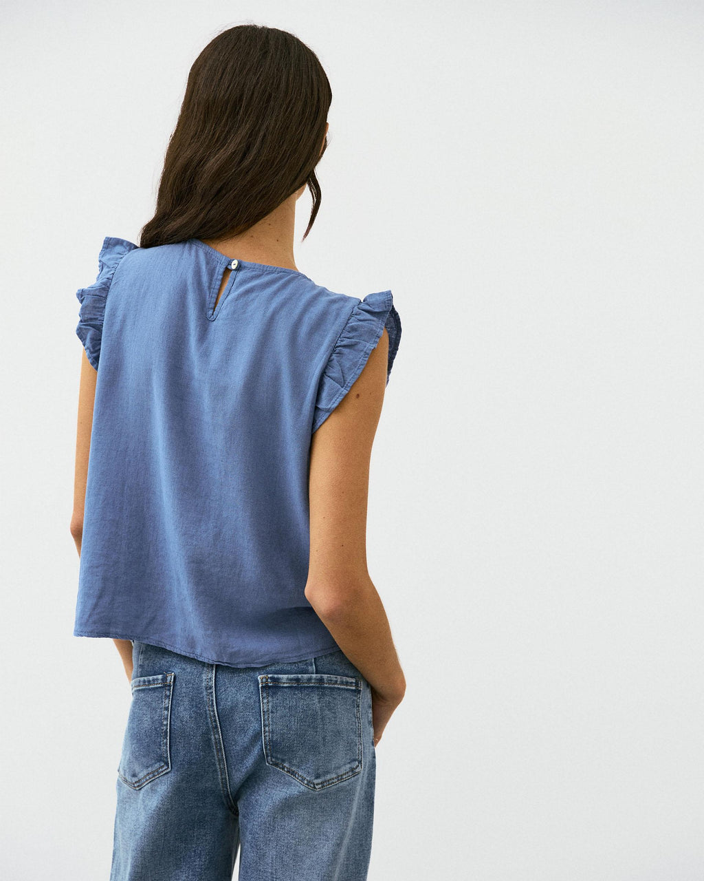 Blusa Volantes Mangas Azul Oscuro