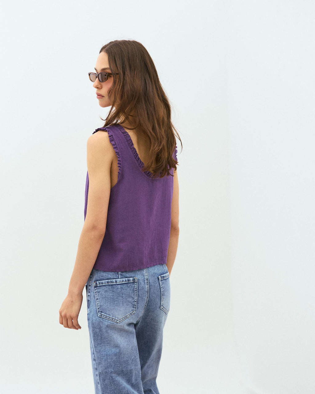 Top Tirante Ancho Volantes Con Lino Morado