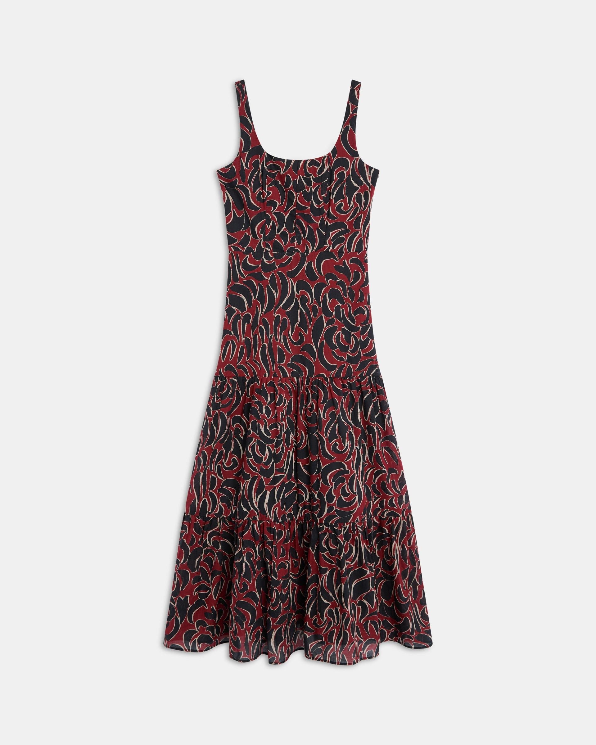 Vestido Tirantes Cortes Estampado Granate