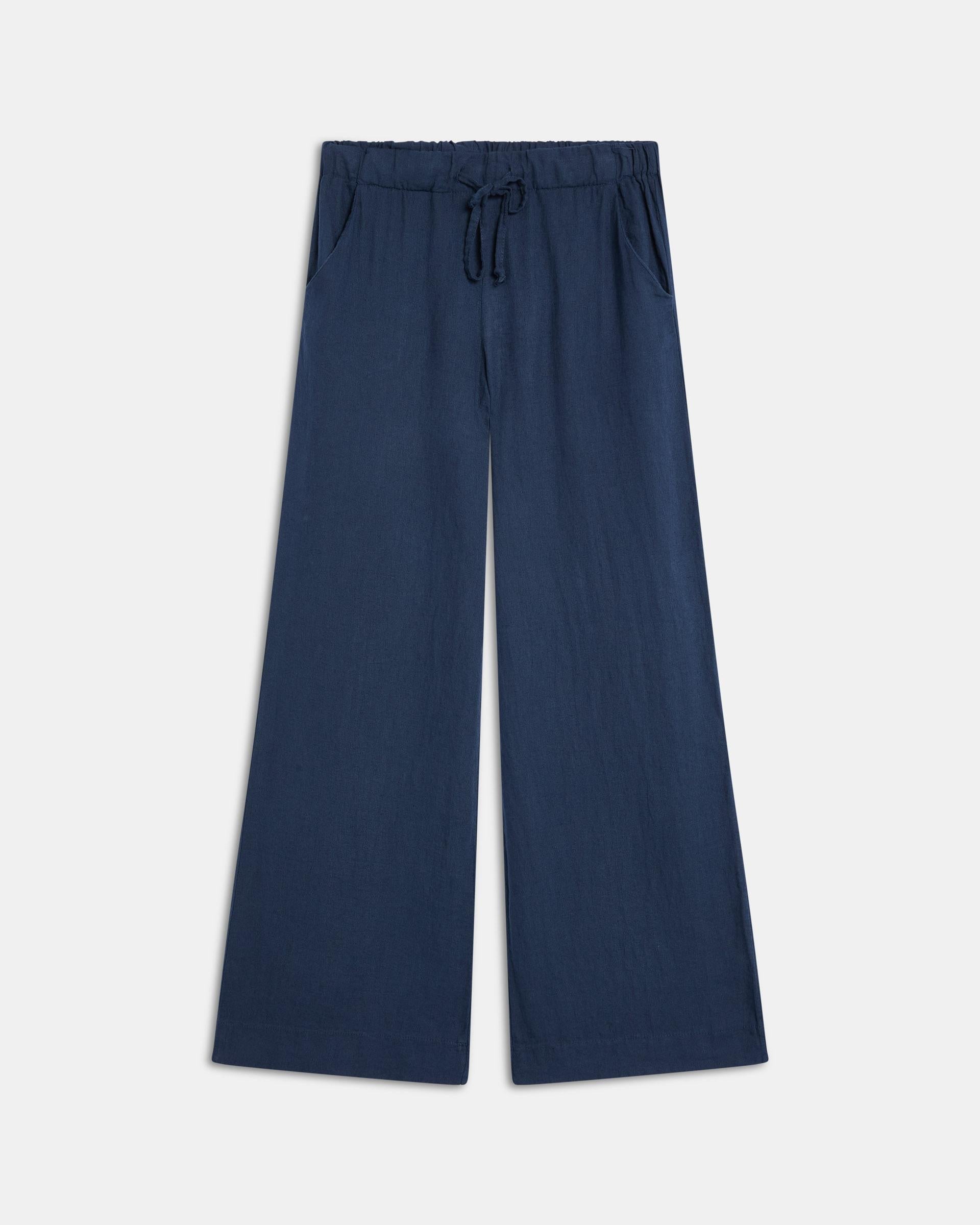 Pantalón Fluido Cordon Con Lino Azul Marino