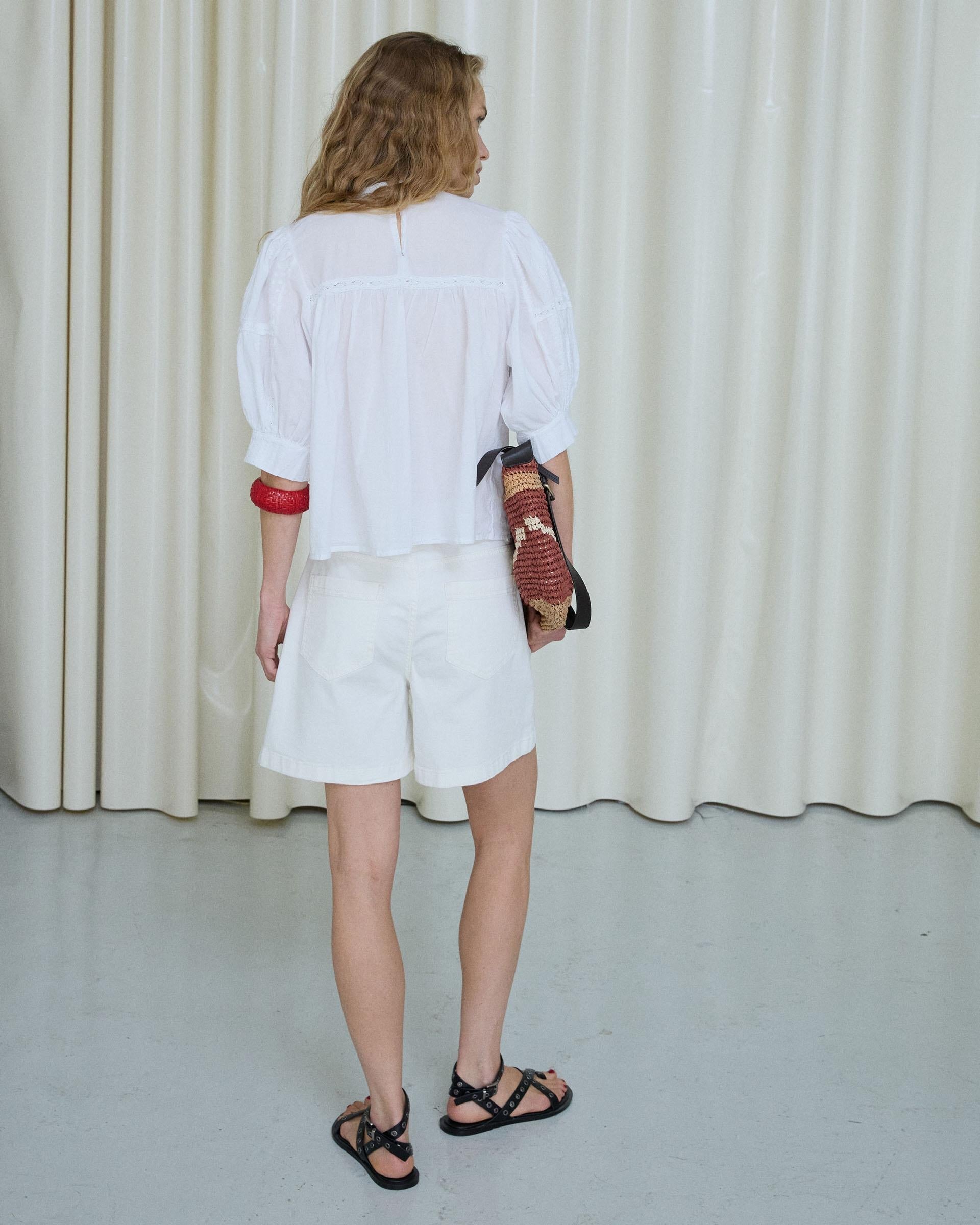 Blusa Manga Francesa Puntillas Jaretas Blanca