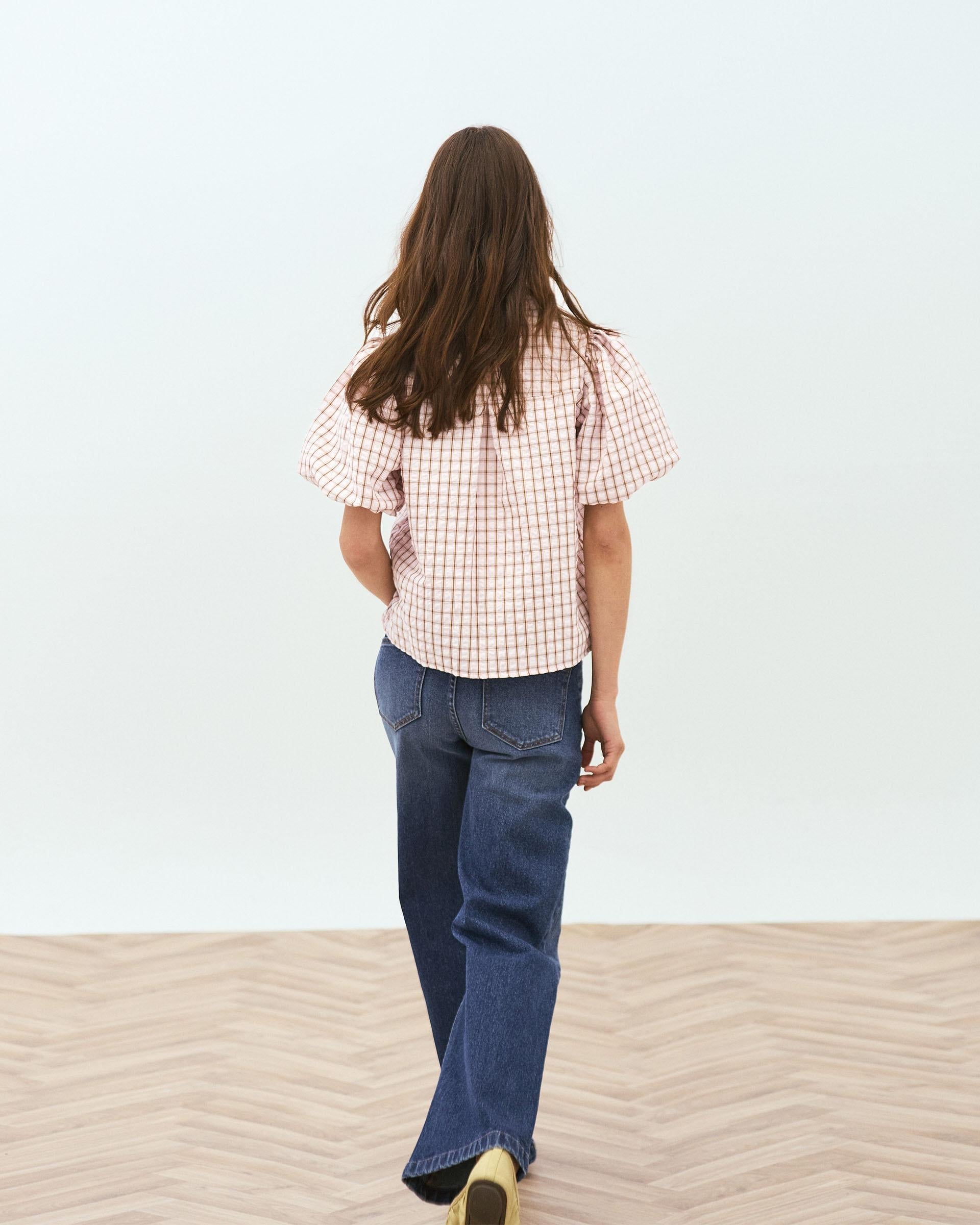 Blusa Manga Abullonada Cuadros Rosa