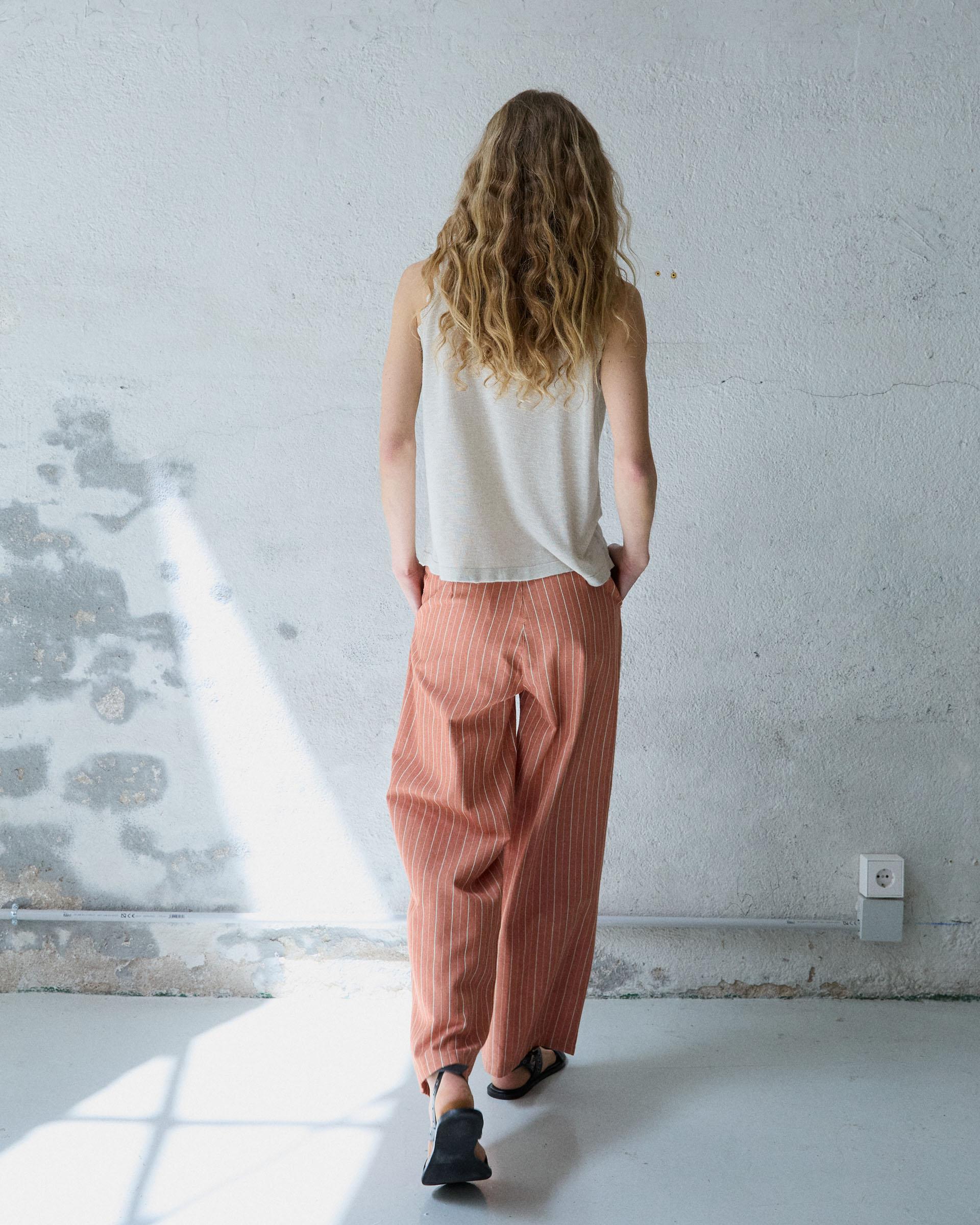 Pantalón Wide Leg Pinzas Rayas Naranja